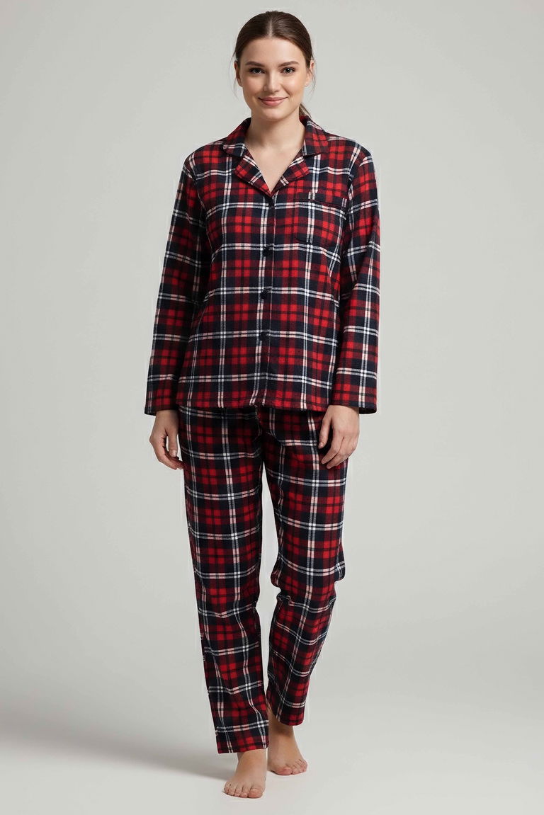 Desenli Baskılı Pijama Takımı - 28066-KIRMIZI - TOFİSA