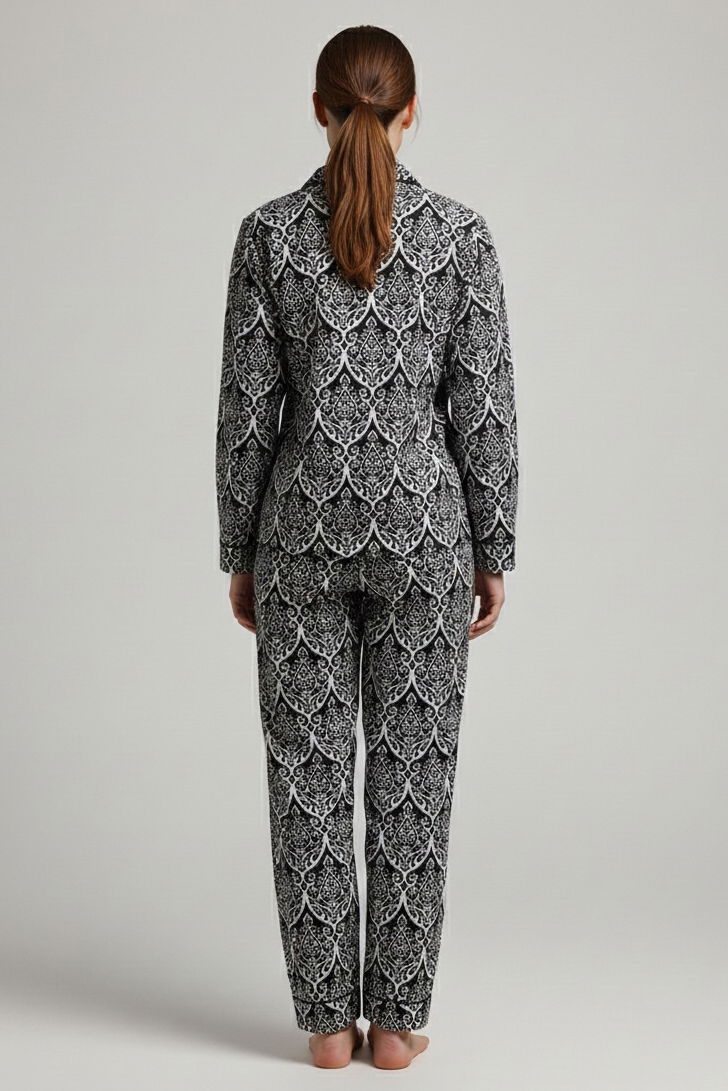 Desenli Baskılı Pijama Takımı - 28067-SIYAH - 2