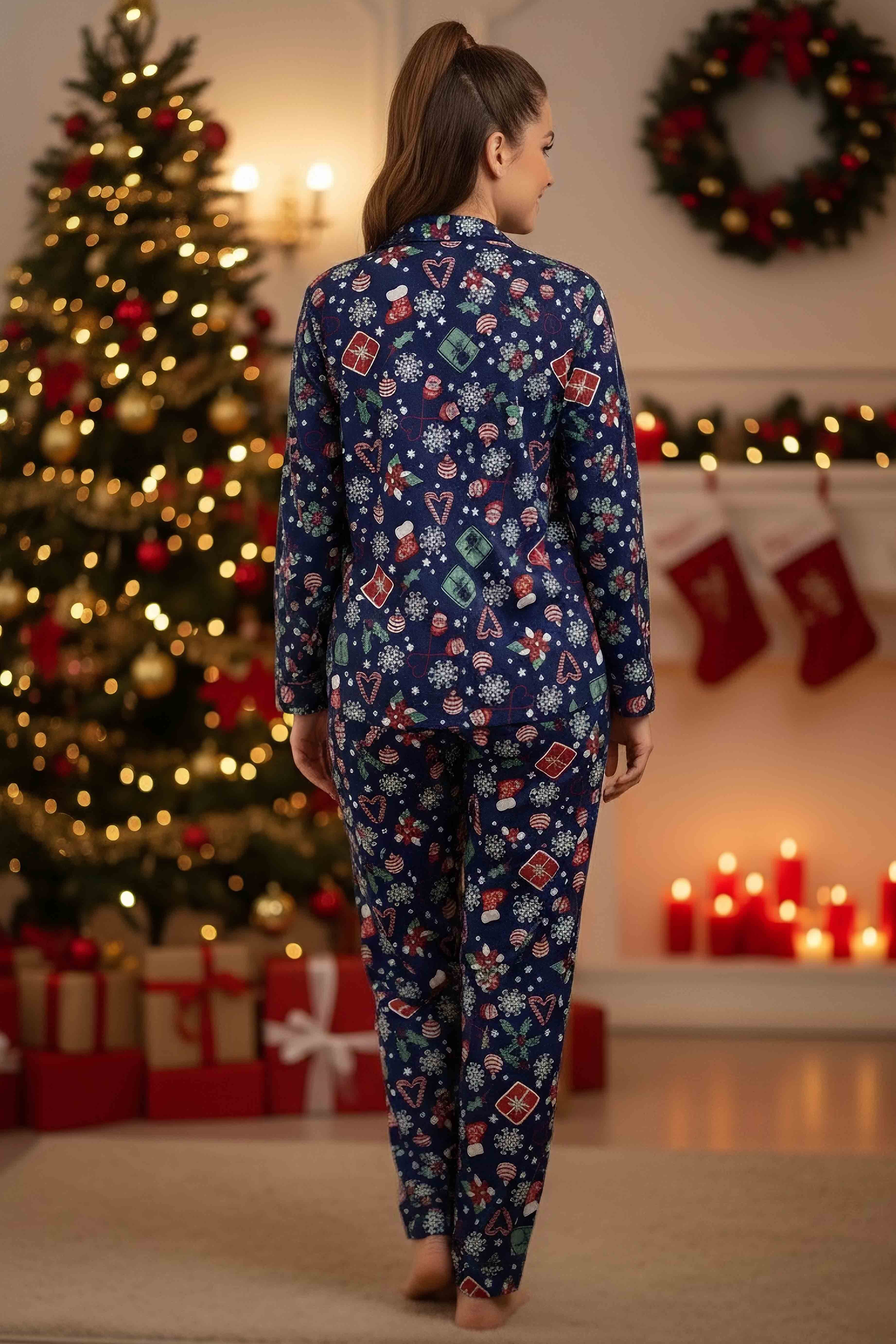 Desenli Baskılı Pijama Takımı - 28068-LACIVERT - 2