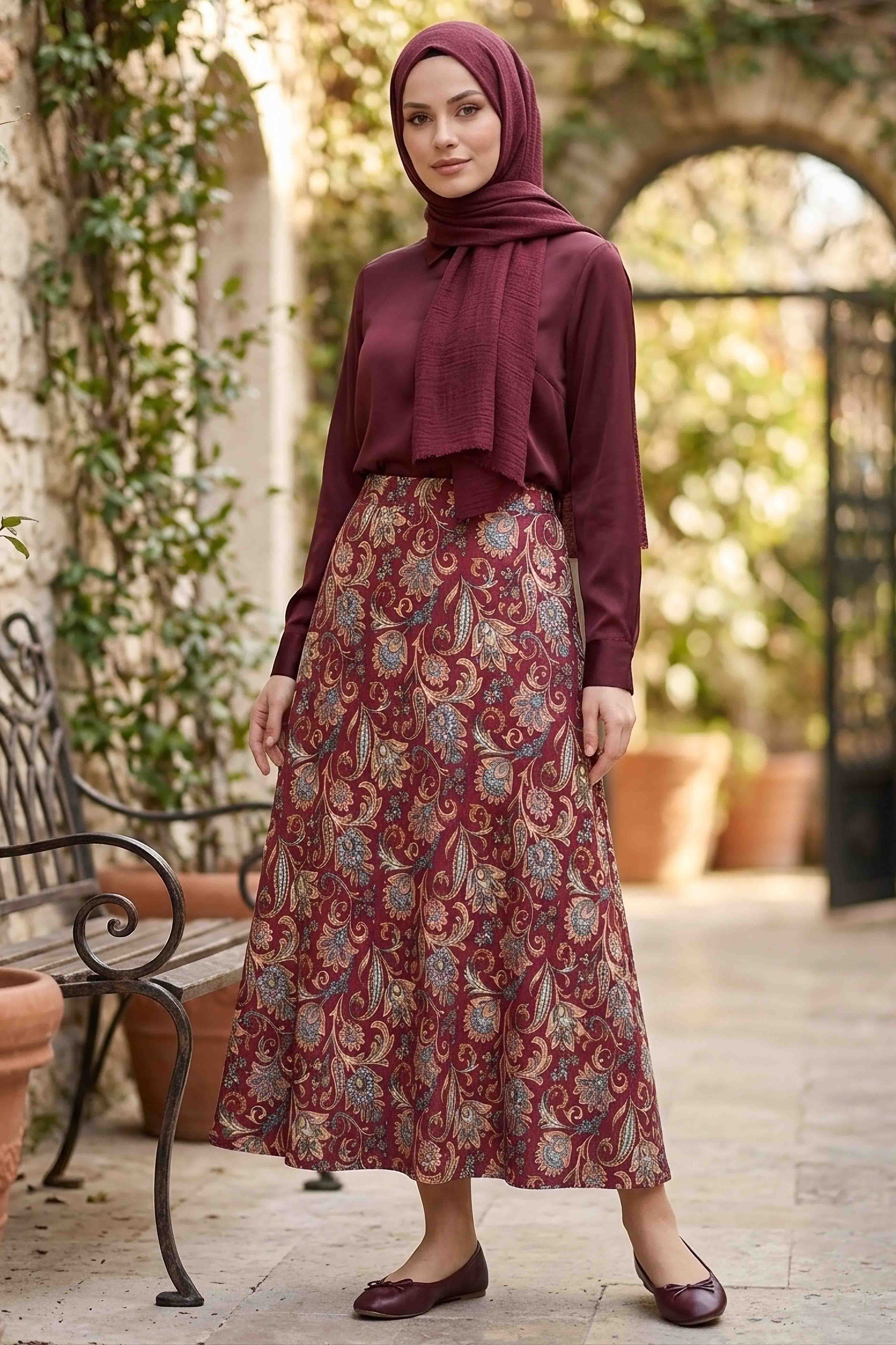 Desenli Bürümcük Etek - 2097-BORDO - 1