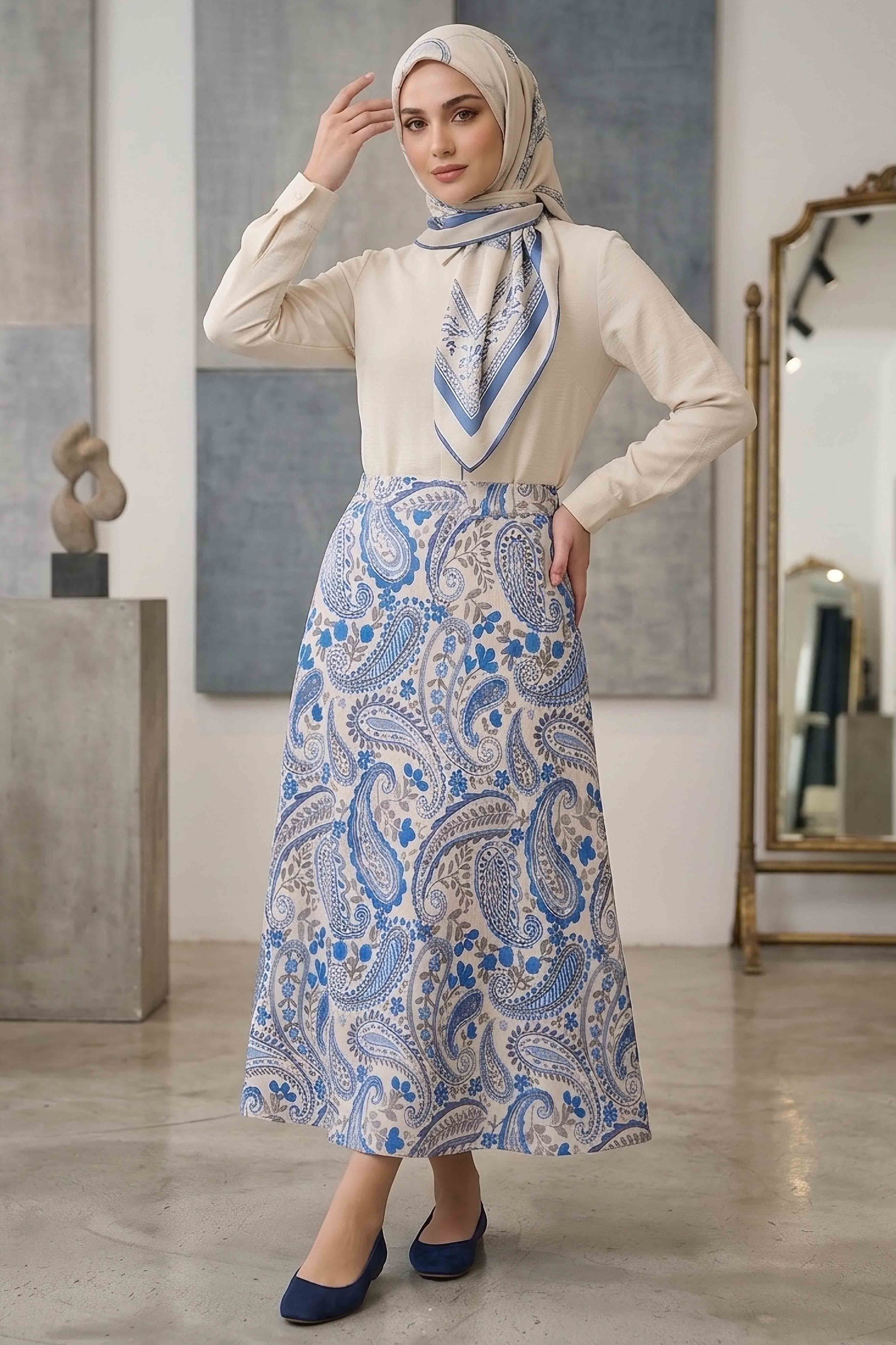 Desenli Bürümcük Etek - 2097-MAVI - 1