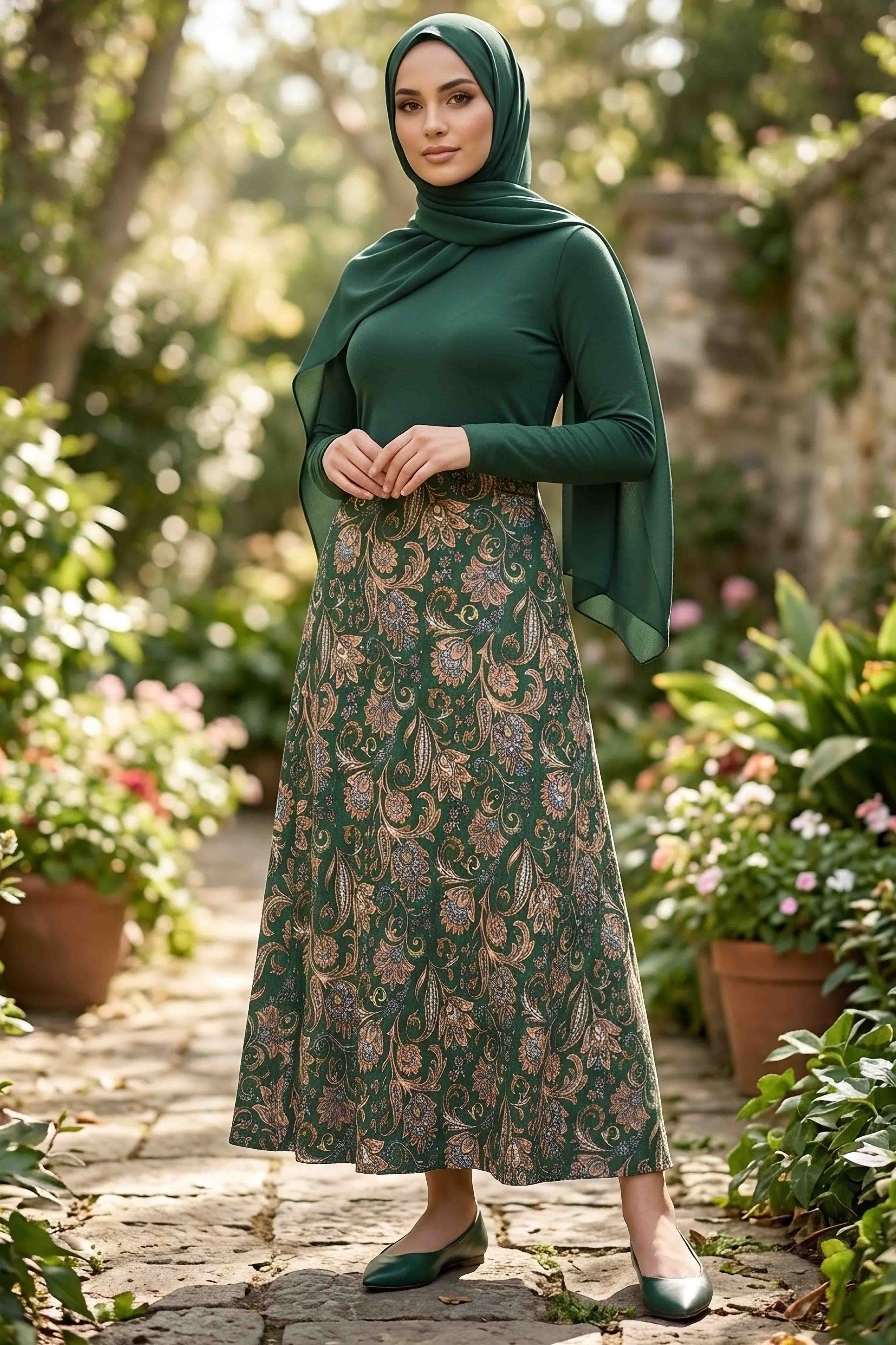 Desenli Bürümcük Etek - 2097-ZUMRUT - 1