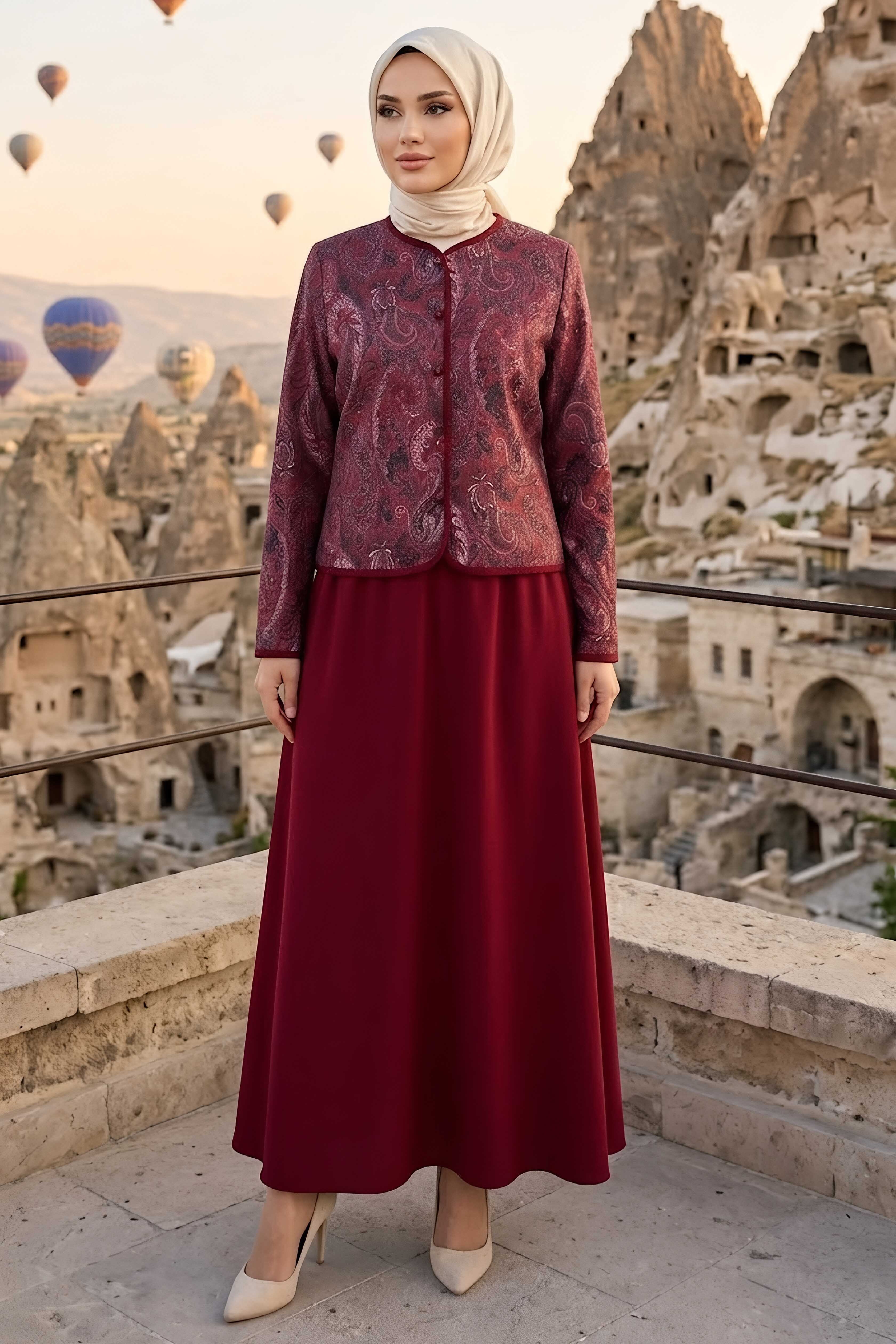 Desenli Ceket Etekli Takım Bordo - 28632-BORDO - 1