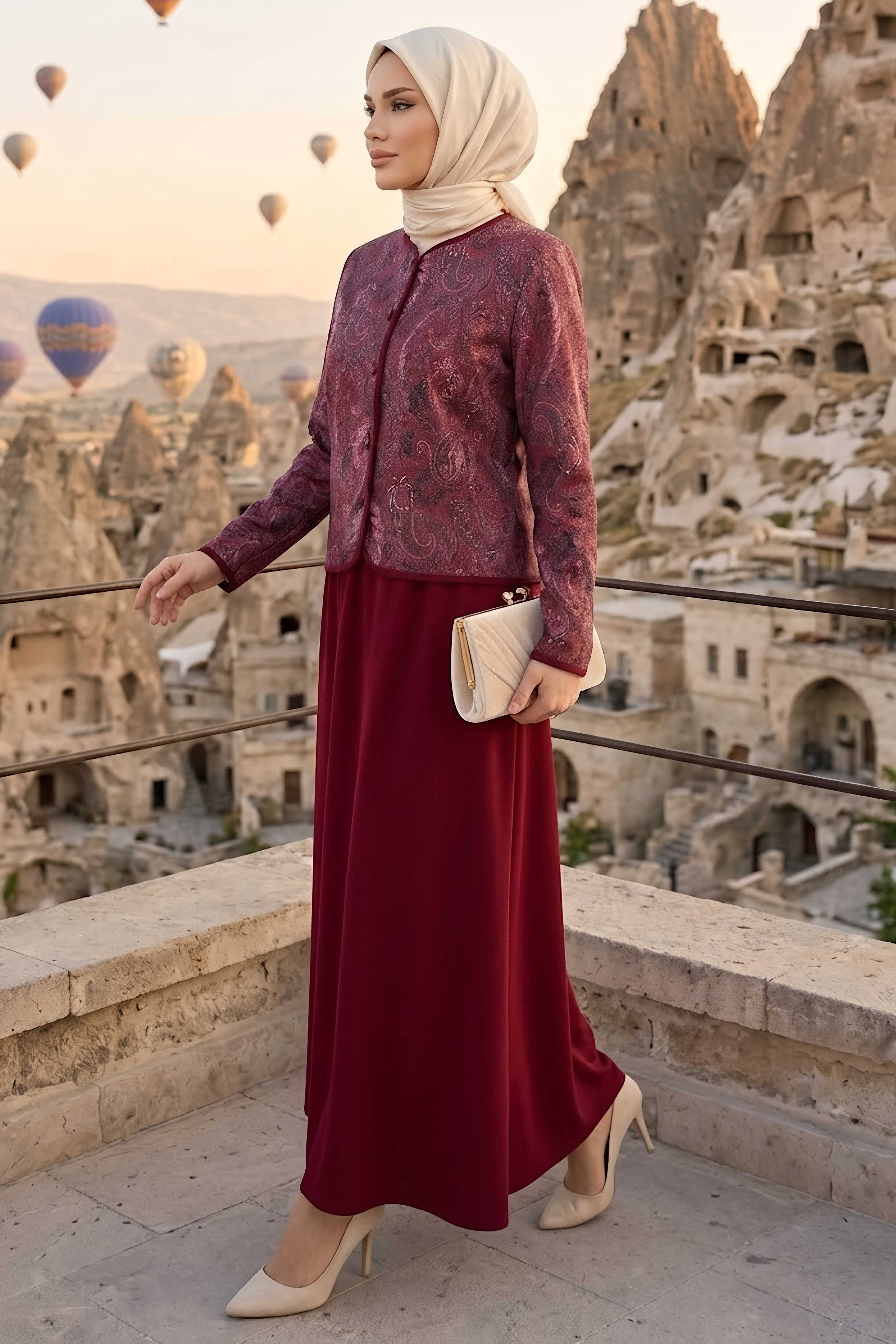 Desenli Ceket Etekli Takım Bordo - 28632-BORDO - 2