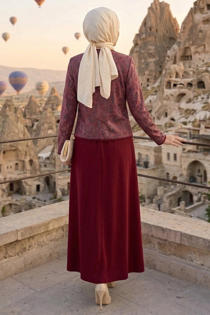 Desenli Ceket Etekli Takım Bordo - 28632-BORDO - 3
