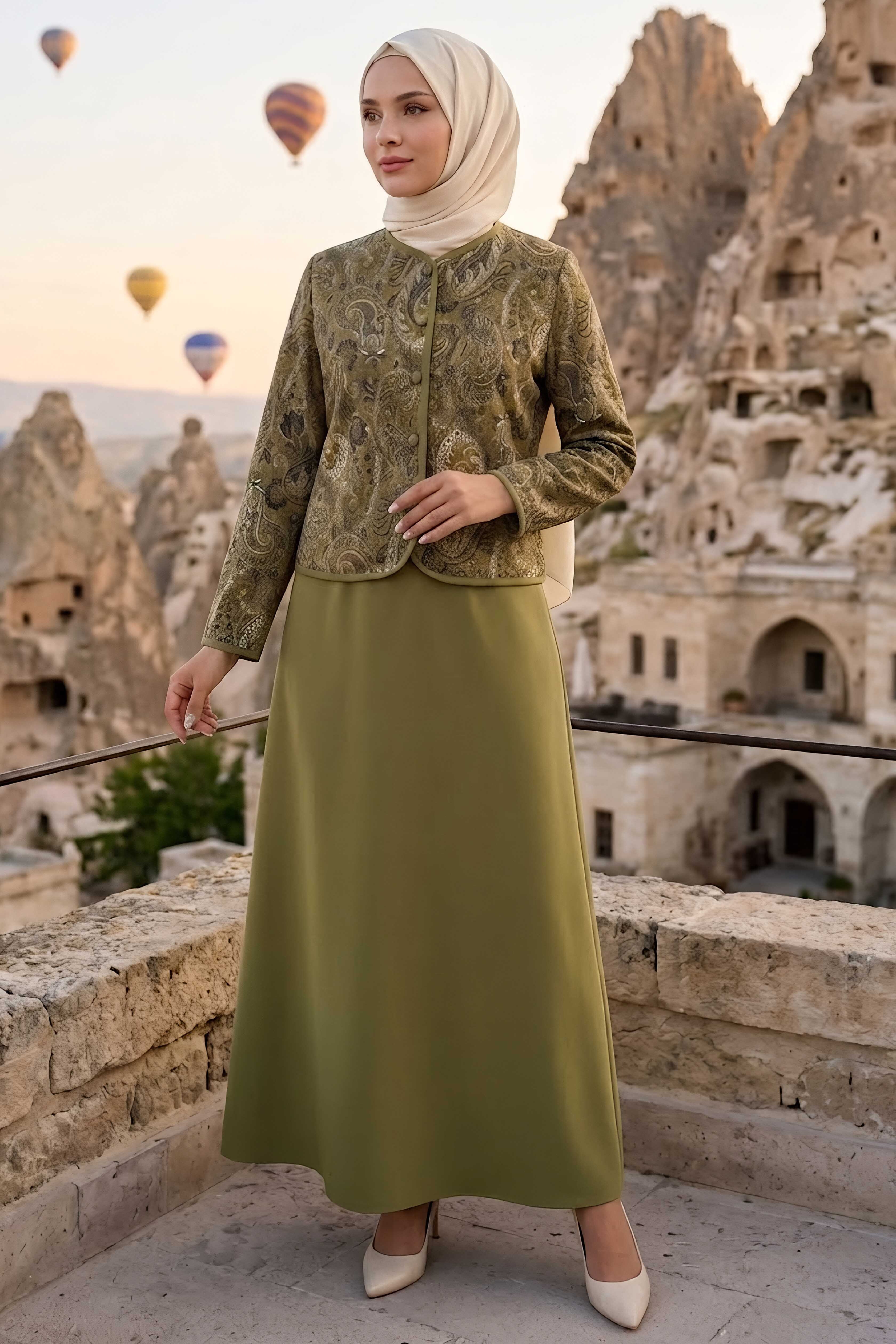 Desenli Ceket Etekli Takım Haki - 28632-HAKI - 1