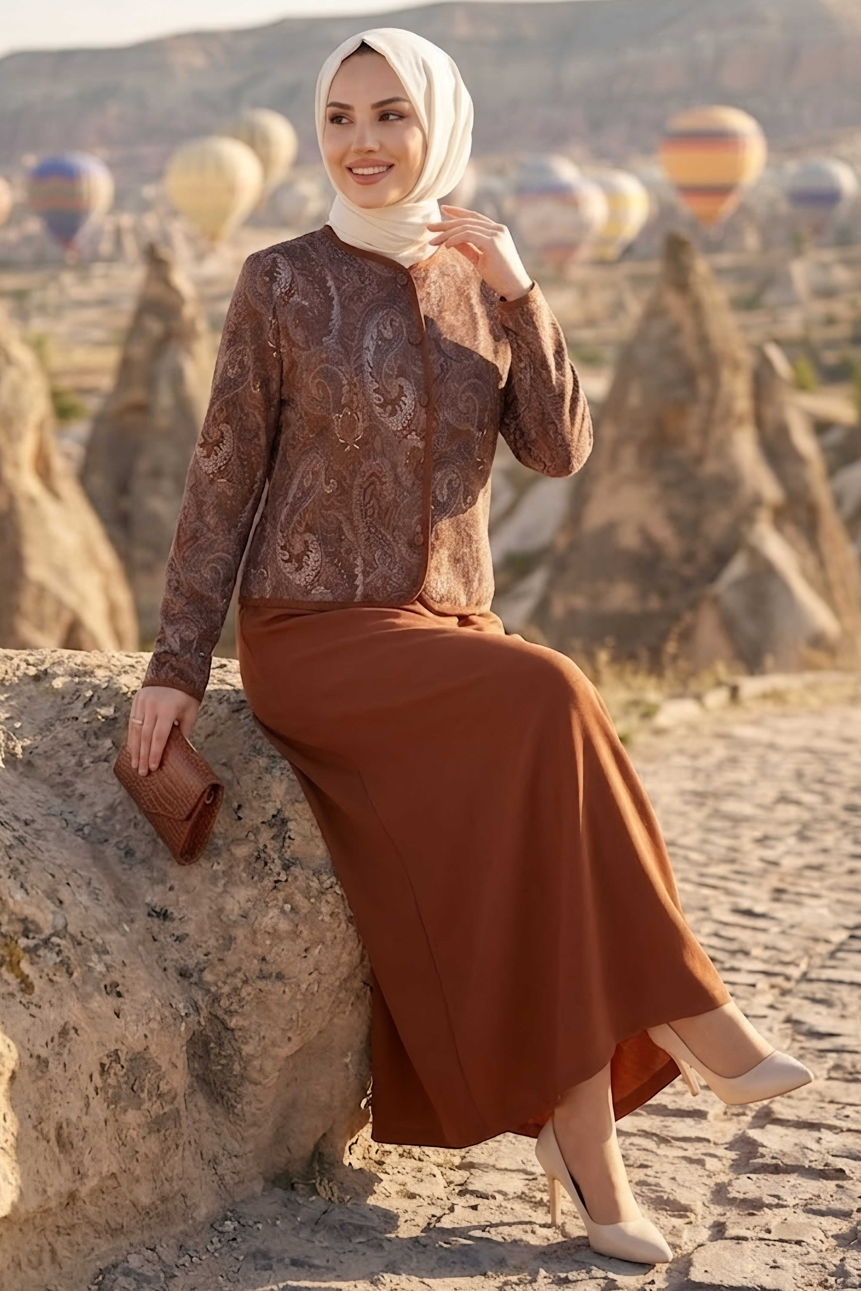 Desenli Ceket Etekli Takım Kahve - 28632-KAHVE - 1