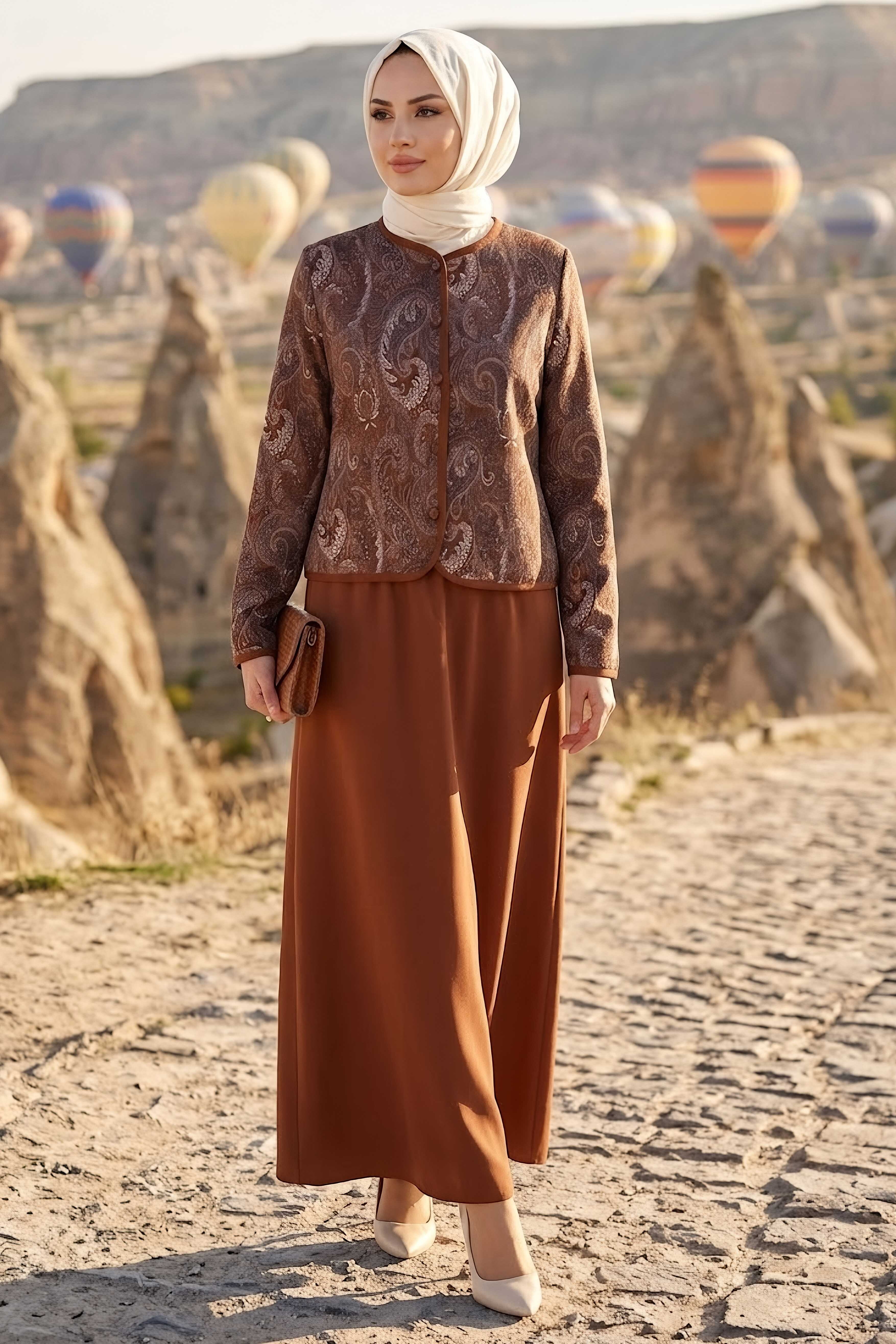 Desenli Ceket Etekli Takım Kahve - 28632-KAHVE - 2
