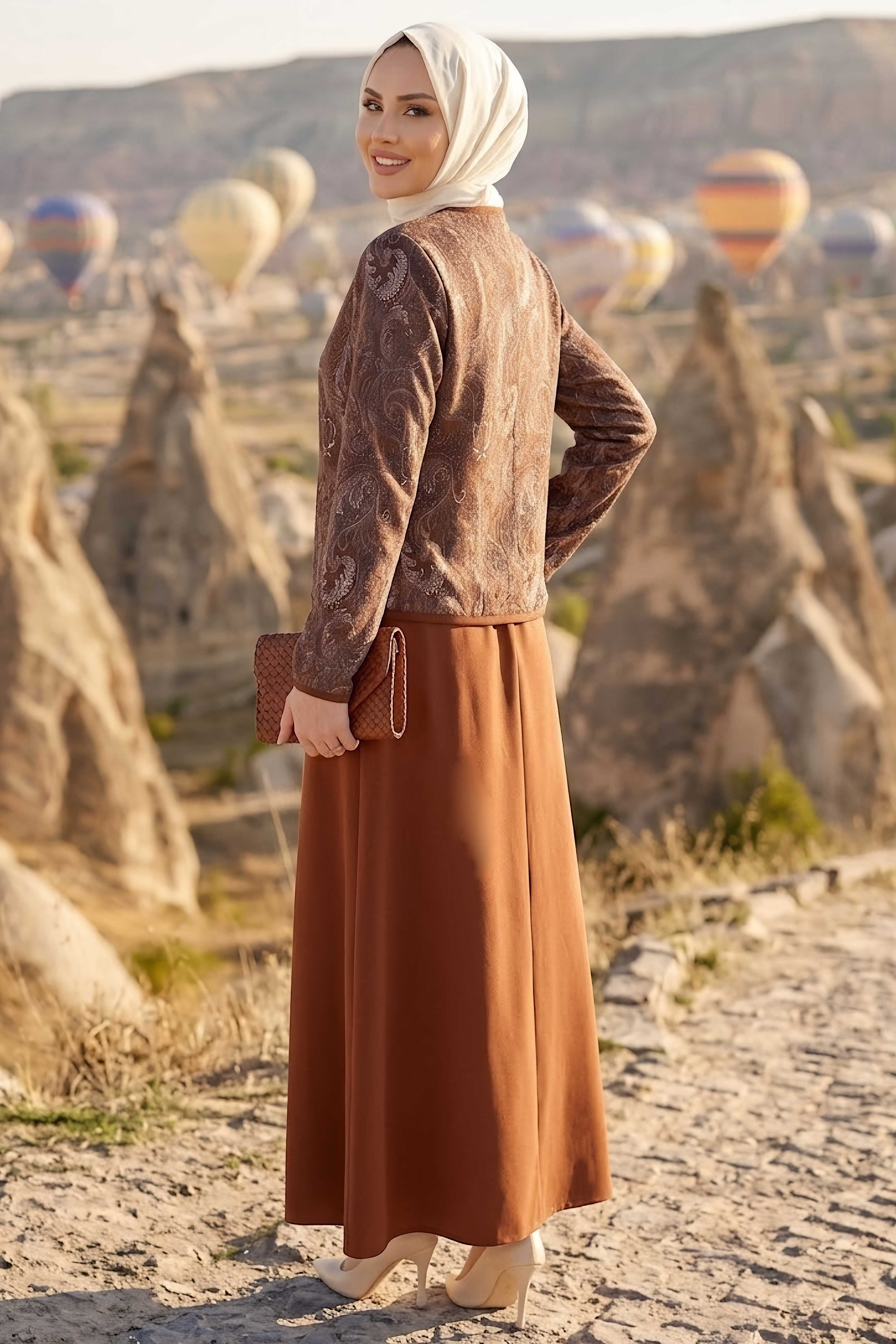 Desenli Ceket Etekli Takım Kahve - 28632-KAHVE - 3