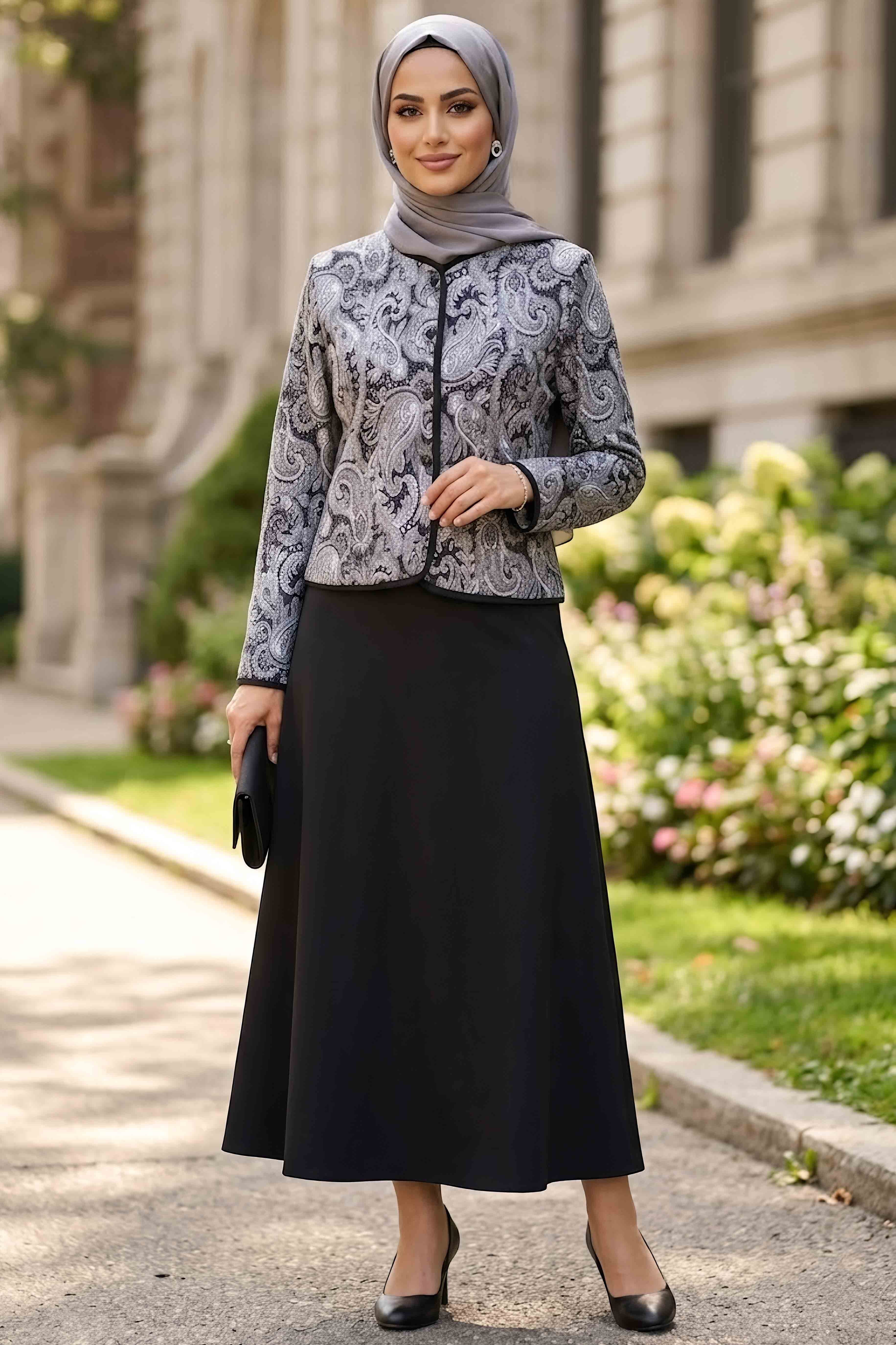 Desenli Ceket Etekli Takım Siyah - 28632-SIYAH - 1