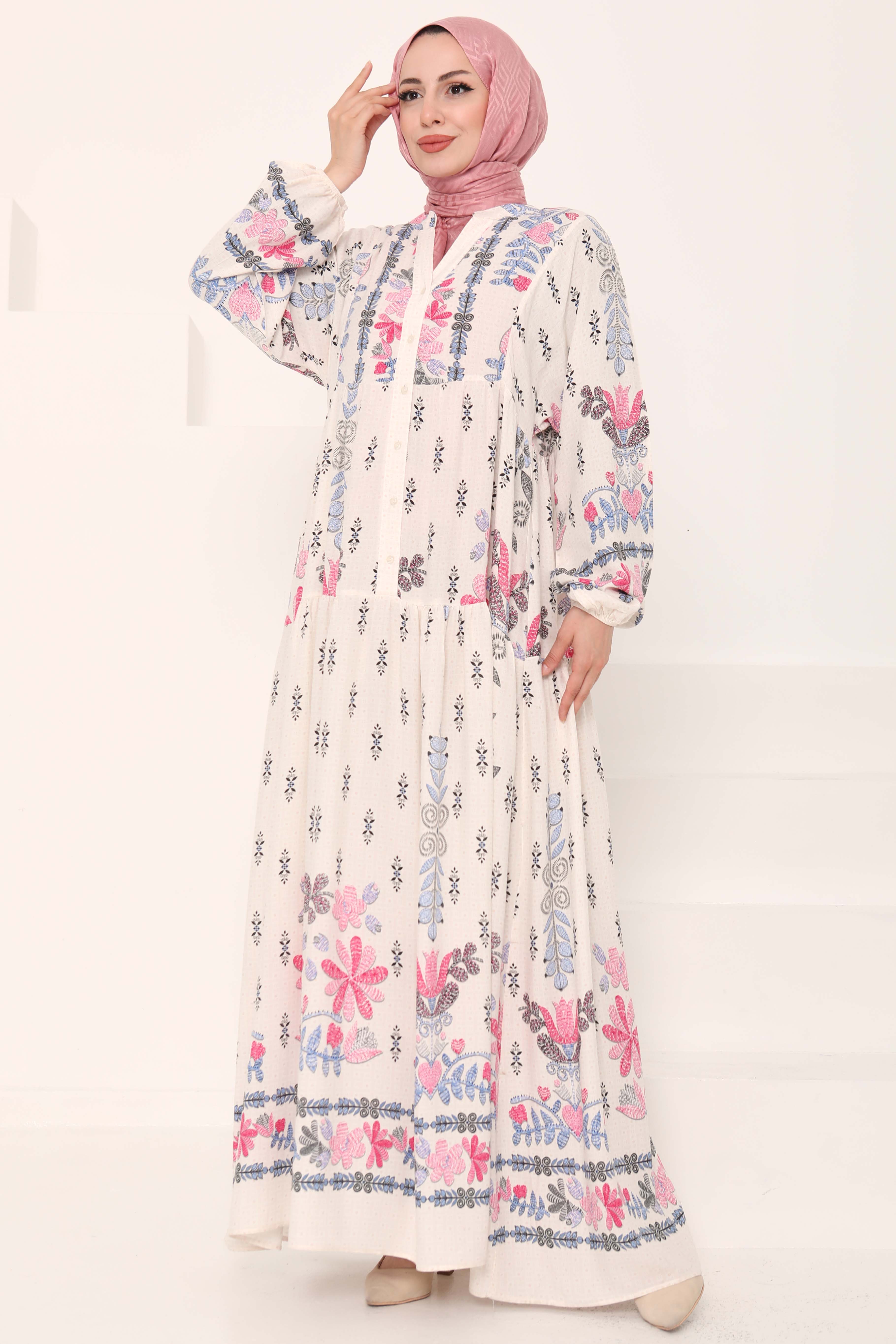 Desenli Düğmeli Elbise - 27023 - 3