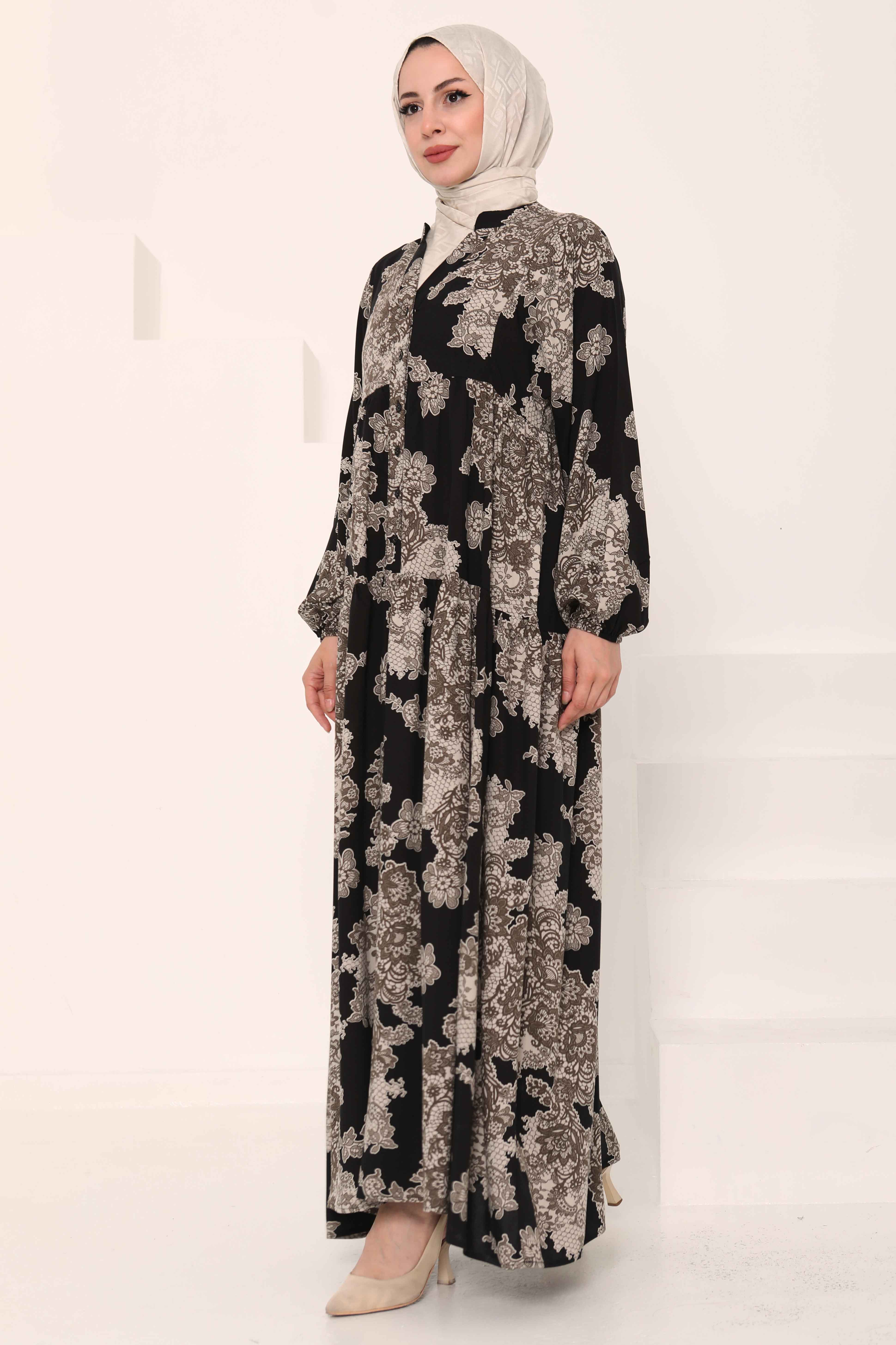Desenli Düğmeli Elbise - 27025 - 5