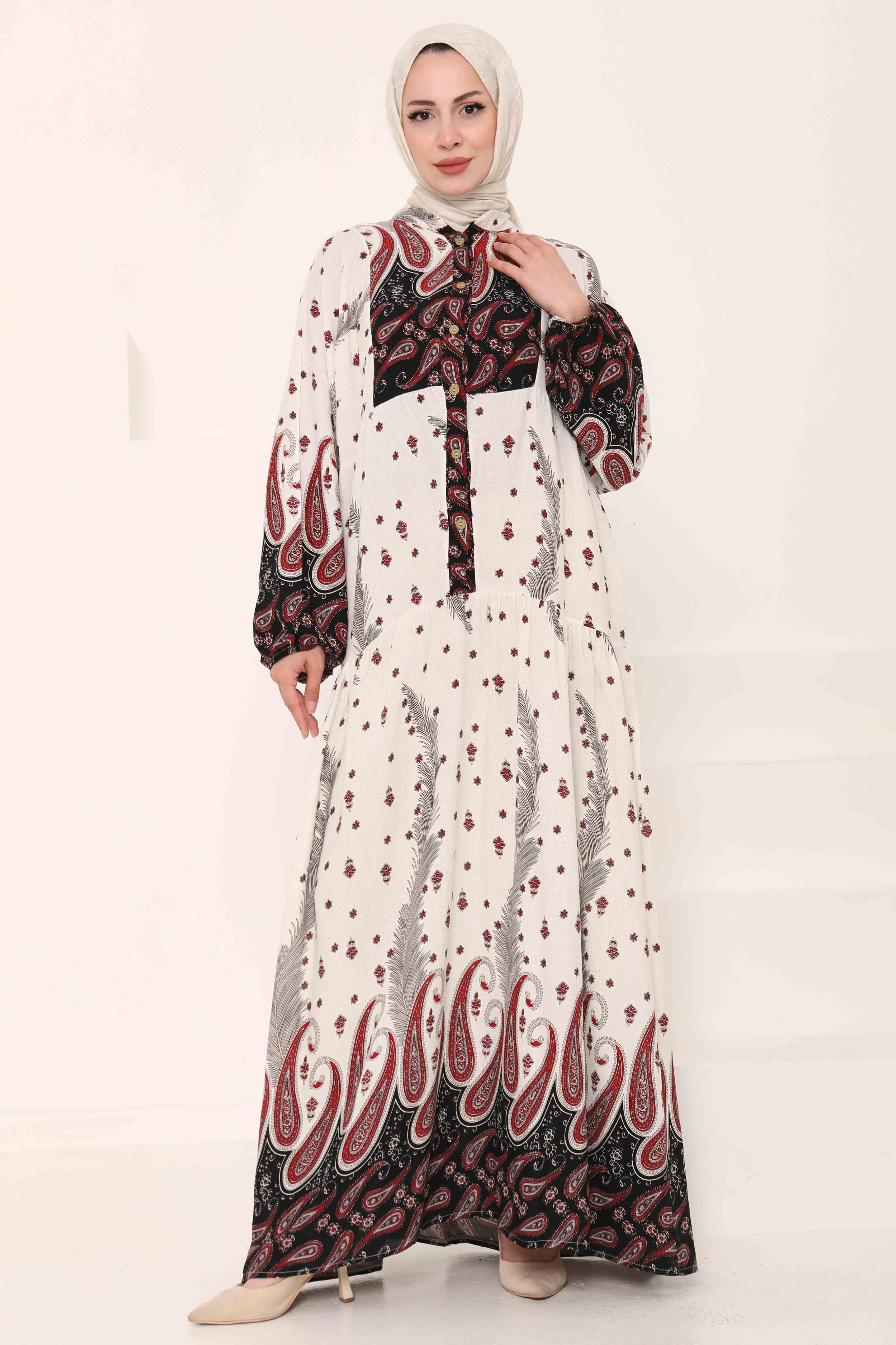 Desenli Düğmeli Elbise - 27040 - 1