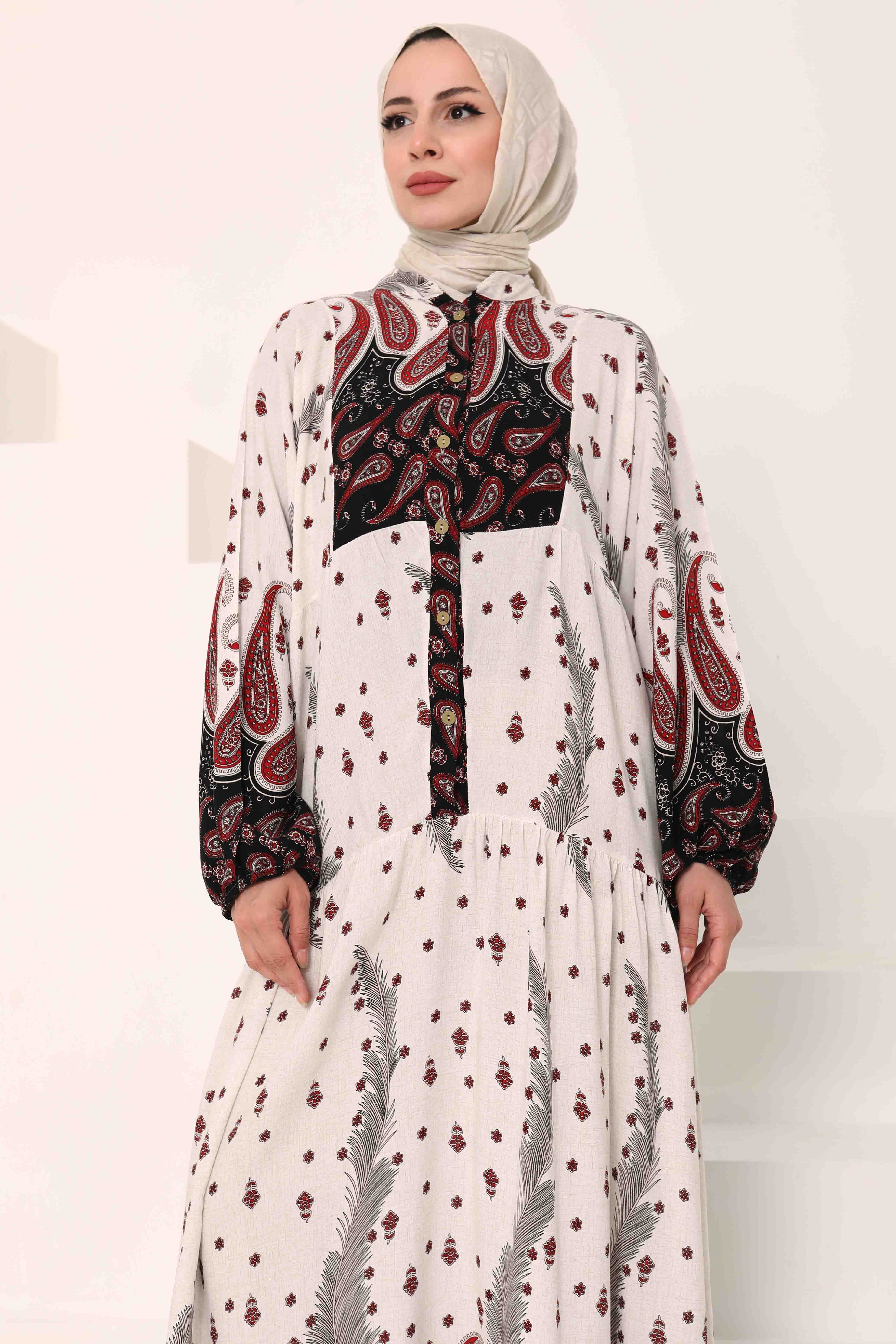 Desenli Düğmeli Elbise - 27040 - 4
