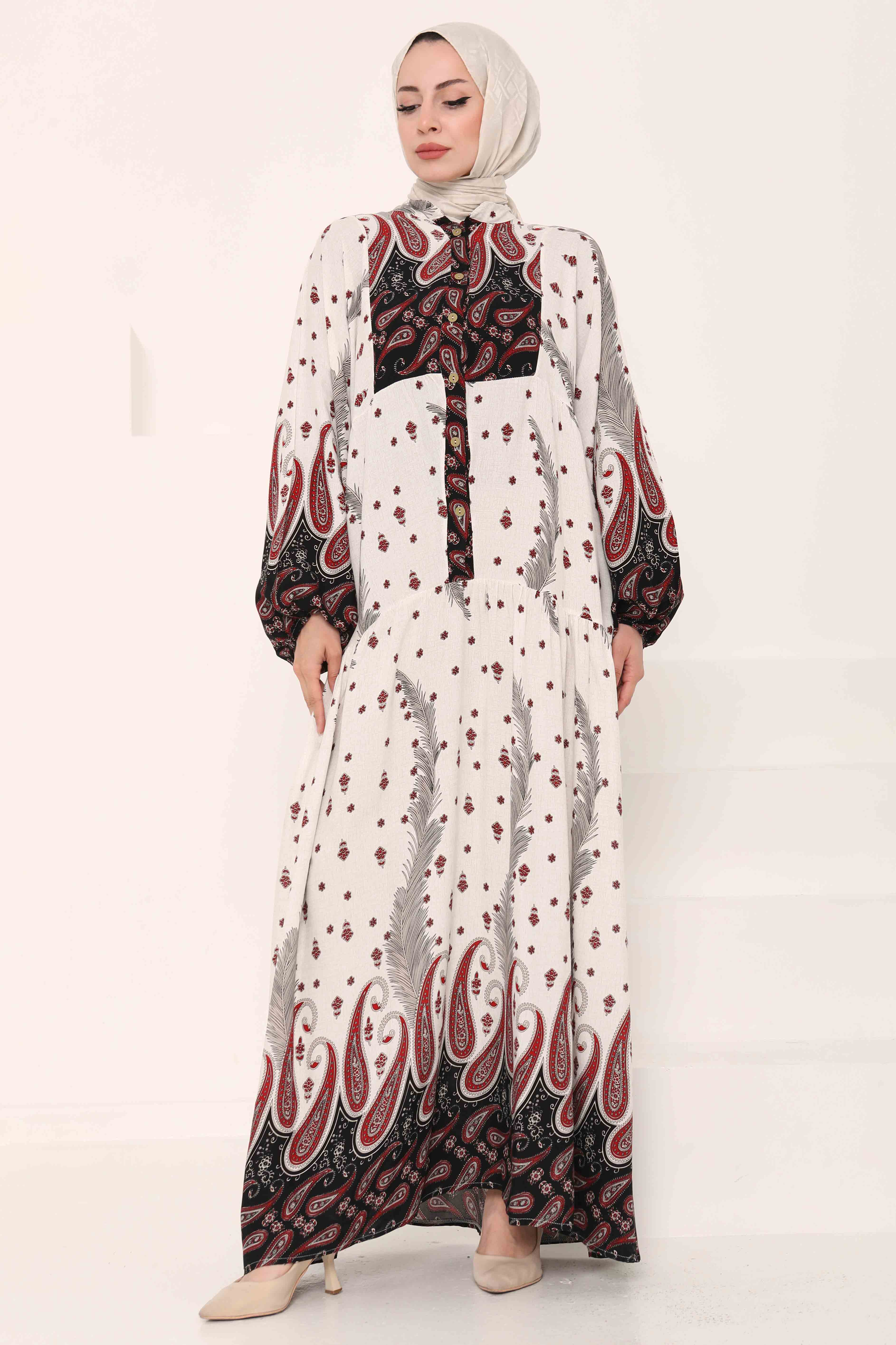 Desenli Düğmeli Elbise - 27040 - 5