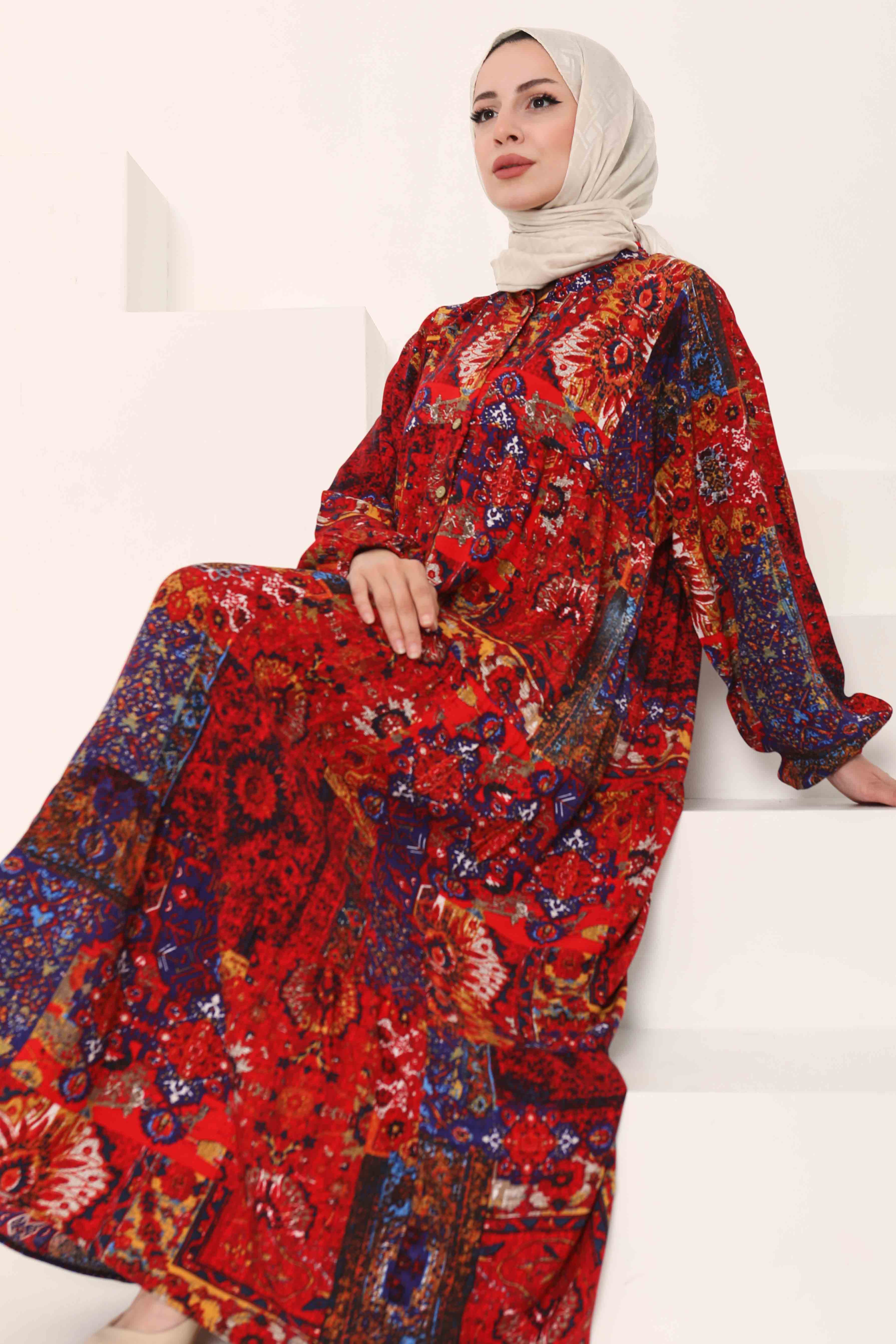 Desenli Düğmeli Elbise - 27043 - 1