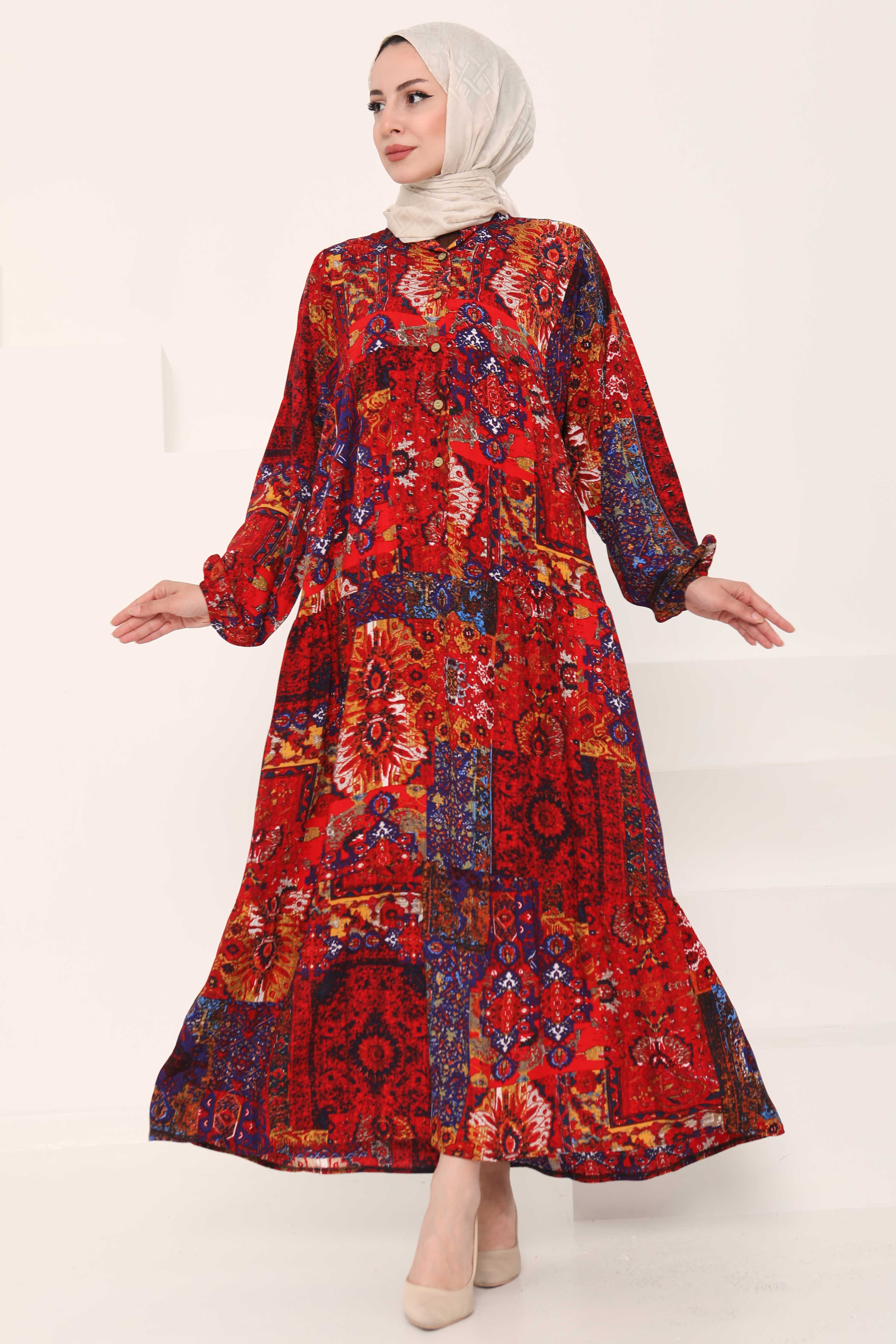 Desenli Düğmeli Elbise - 27043 - 2