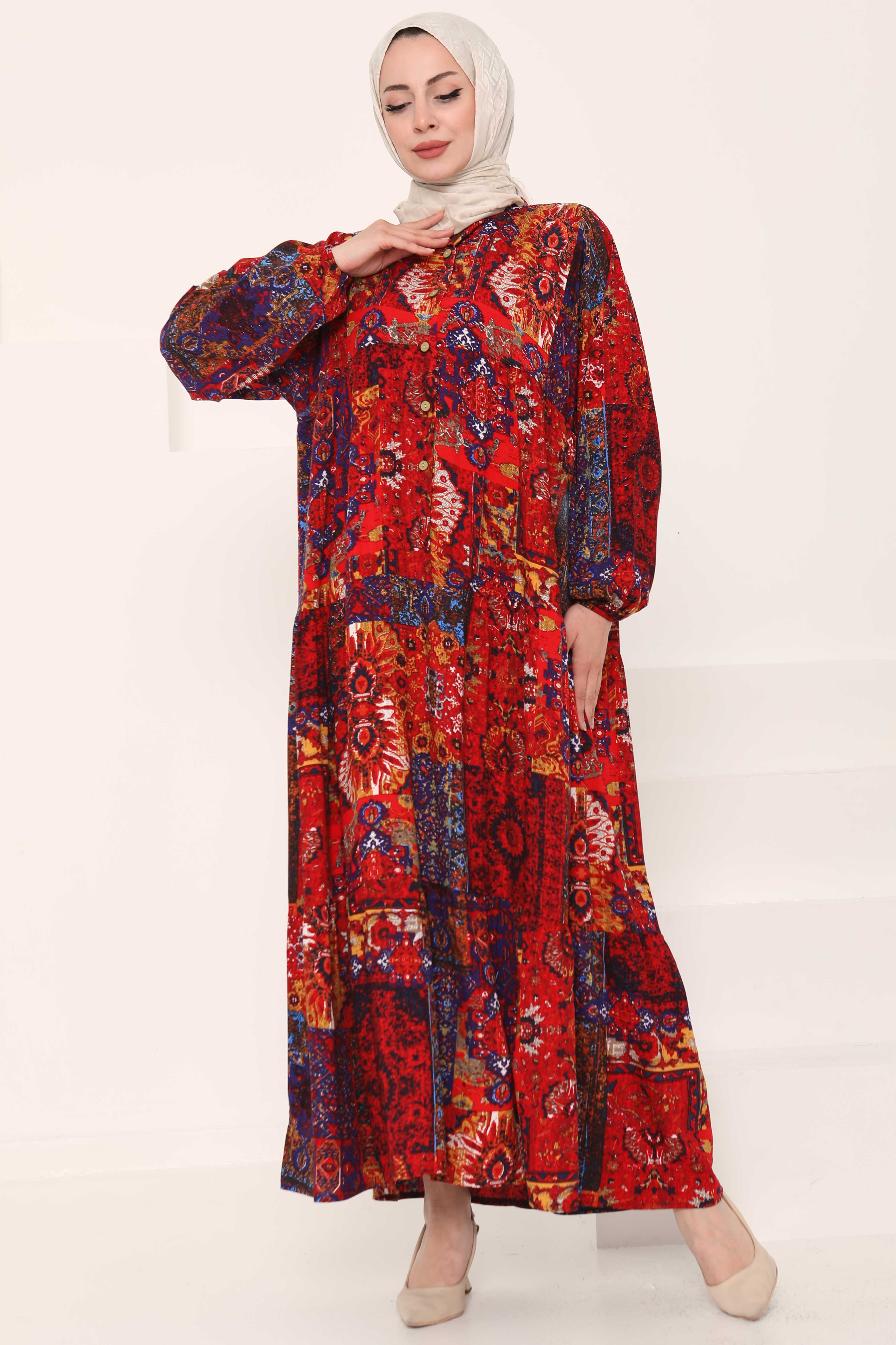 Desenli Düğmeli Elbise - 27043 - 3