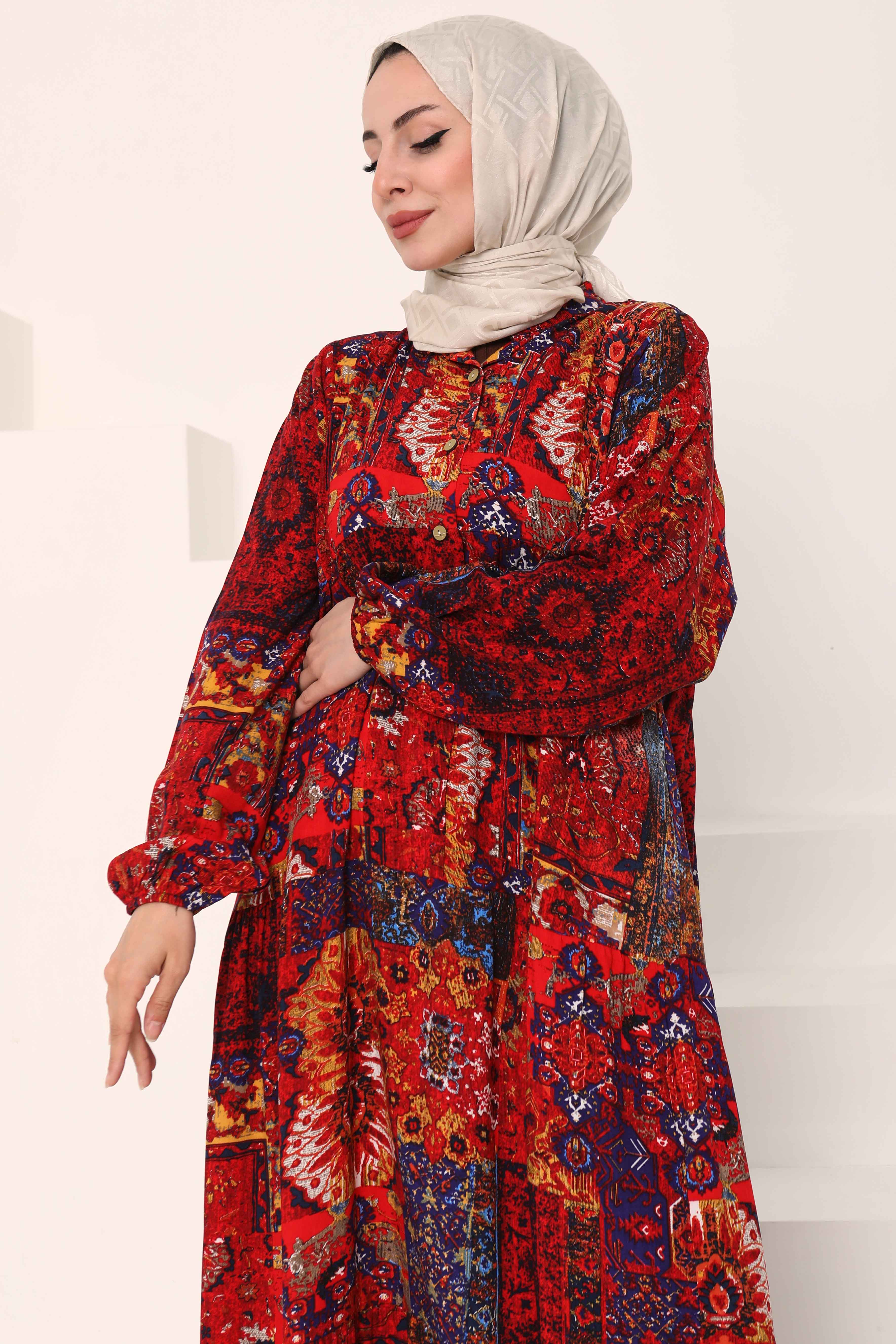Desenli Düğmeli Elbise - 27043 - 4
