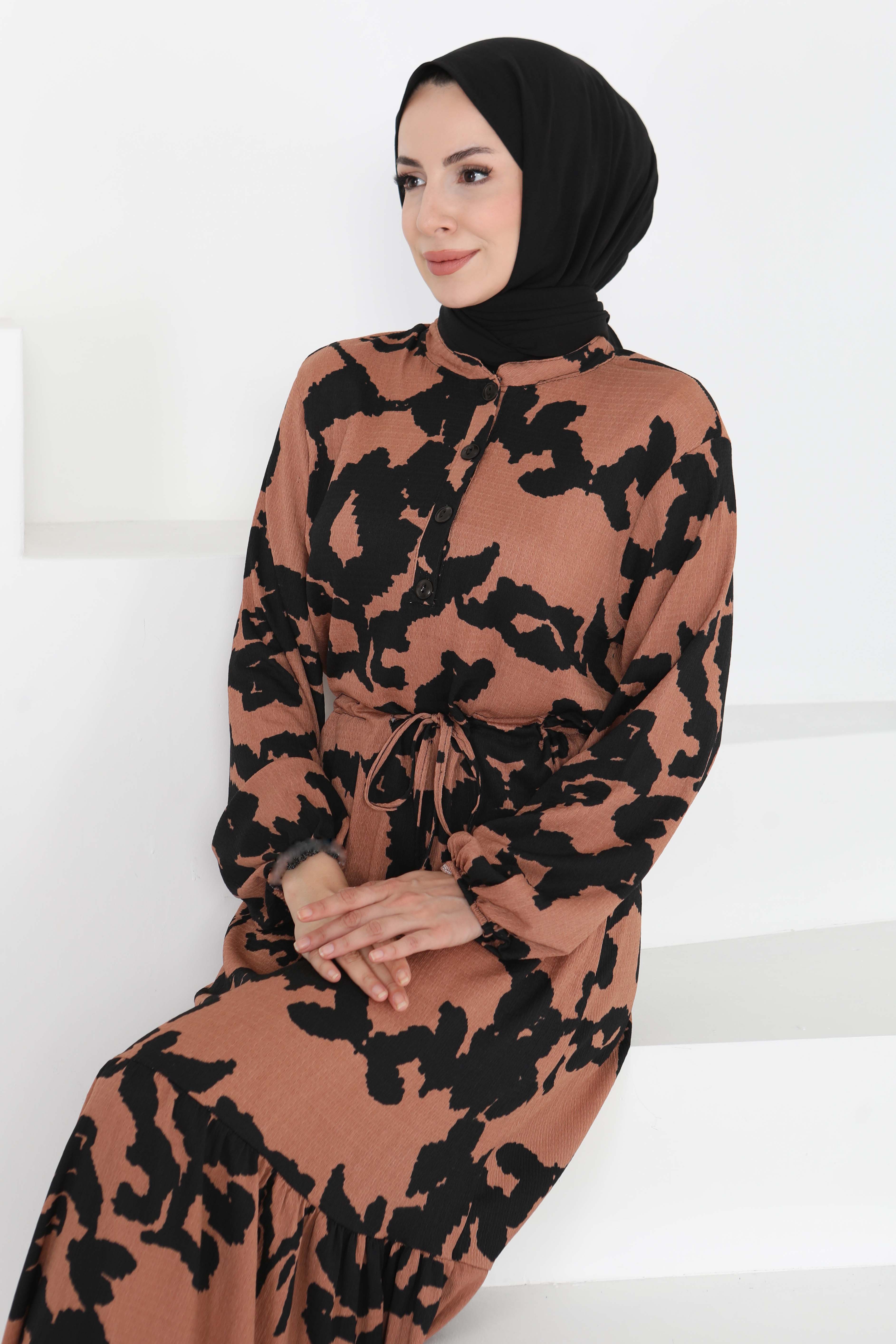 Desenli Düğmeli Elbise - 27189 - 4
