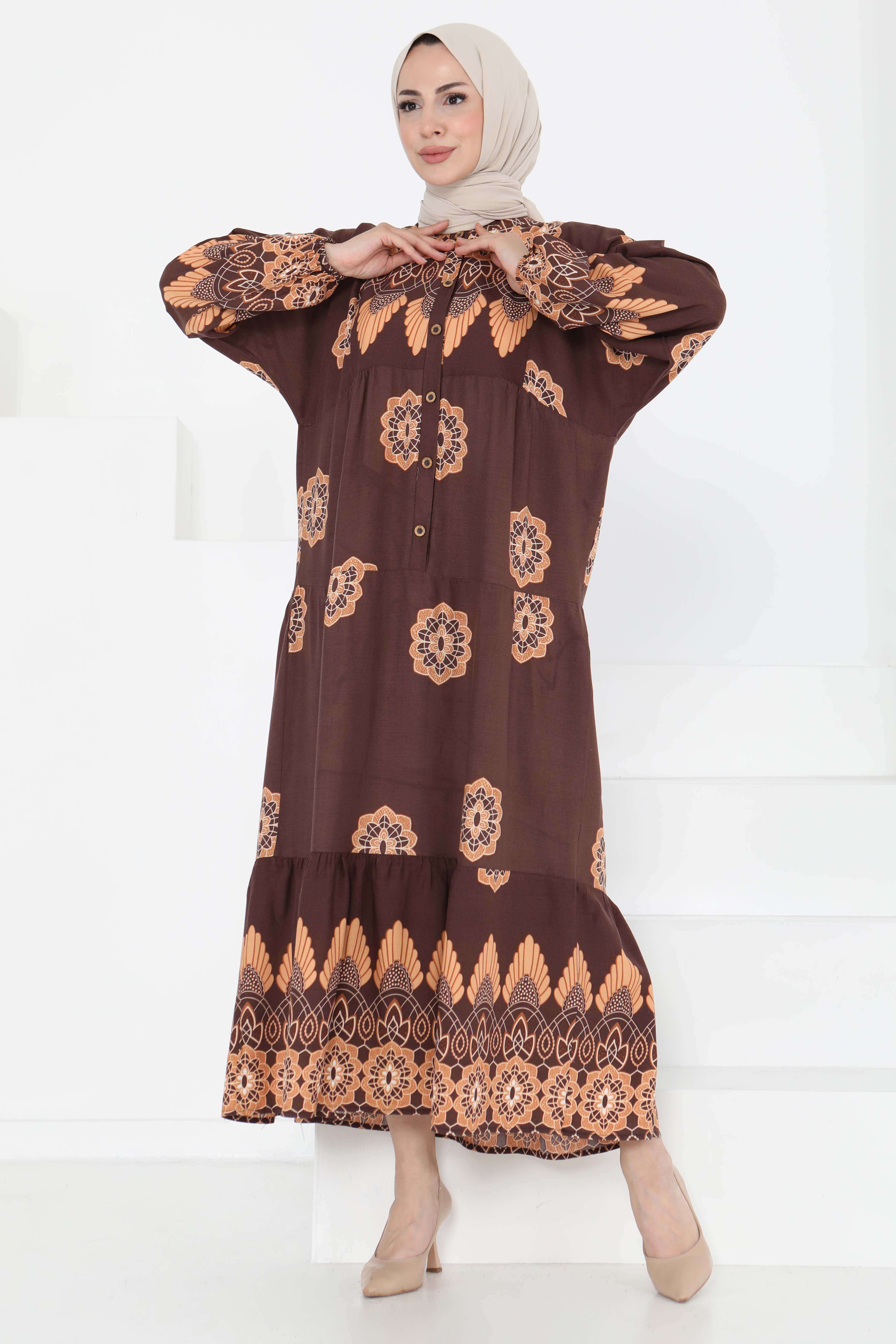 Desenli Düğmeli Elbise - 27262 - 1