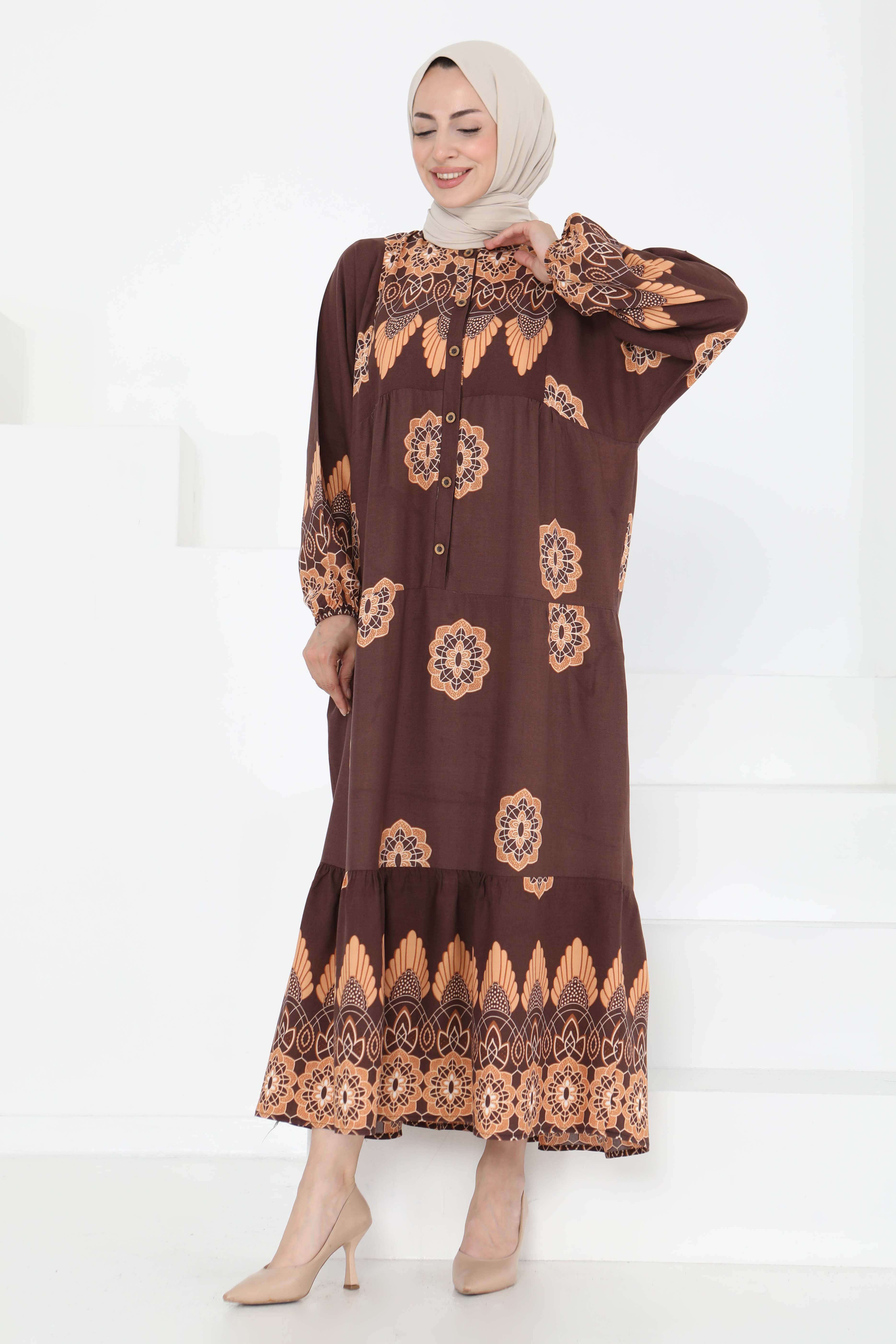 Desenli Düğmeli Elbise - 27262 - 2