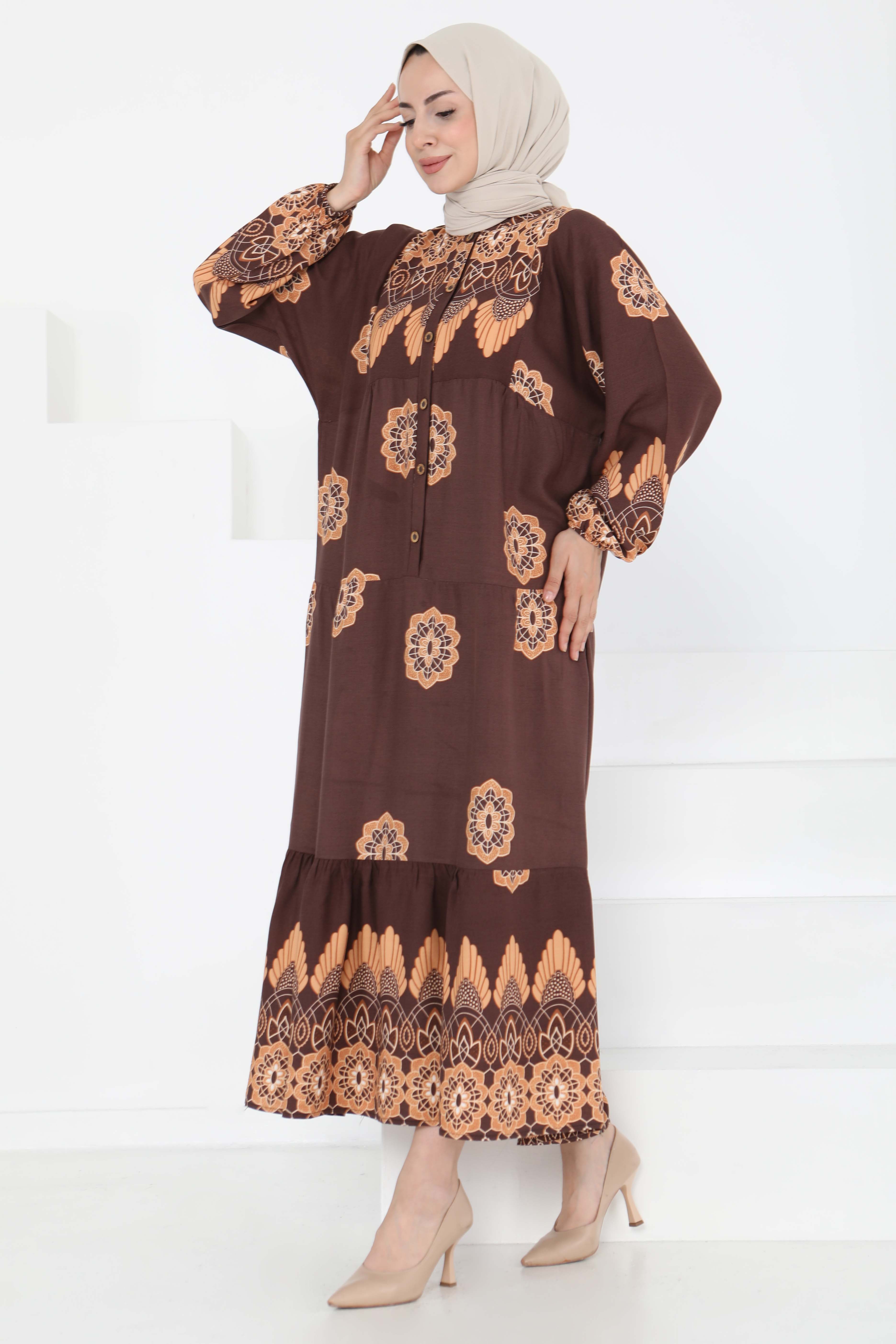 Desenli Düğmeli Elbise - 27262 - 3