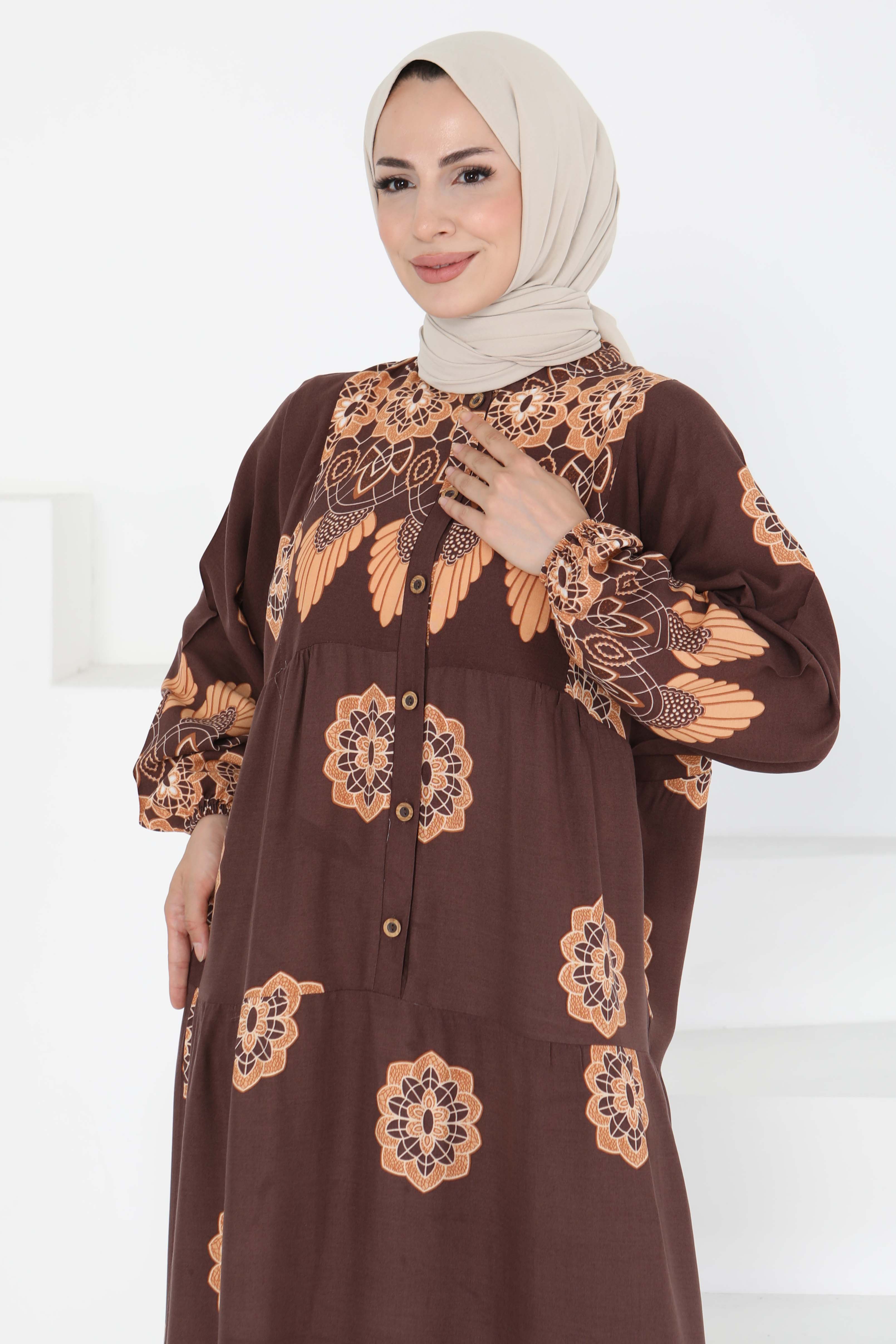 Desenli Düğmeli Elbise - 27262 - 4