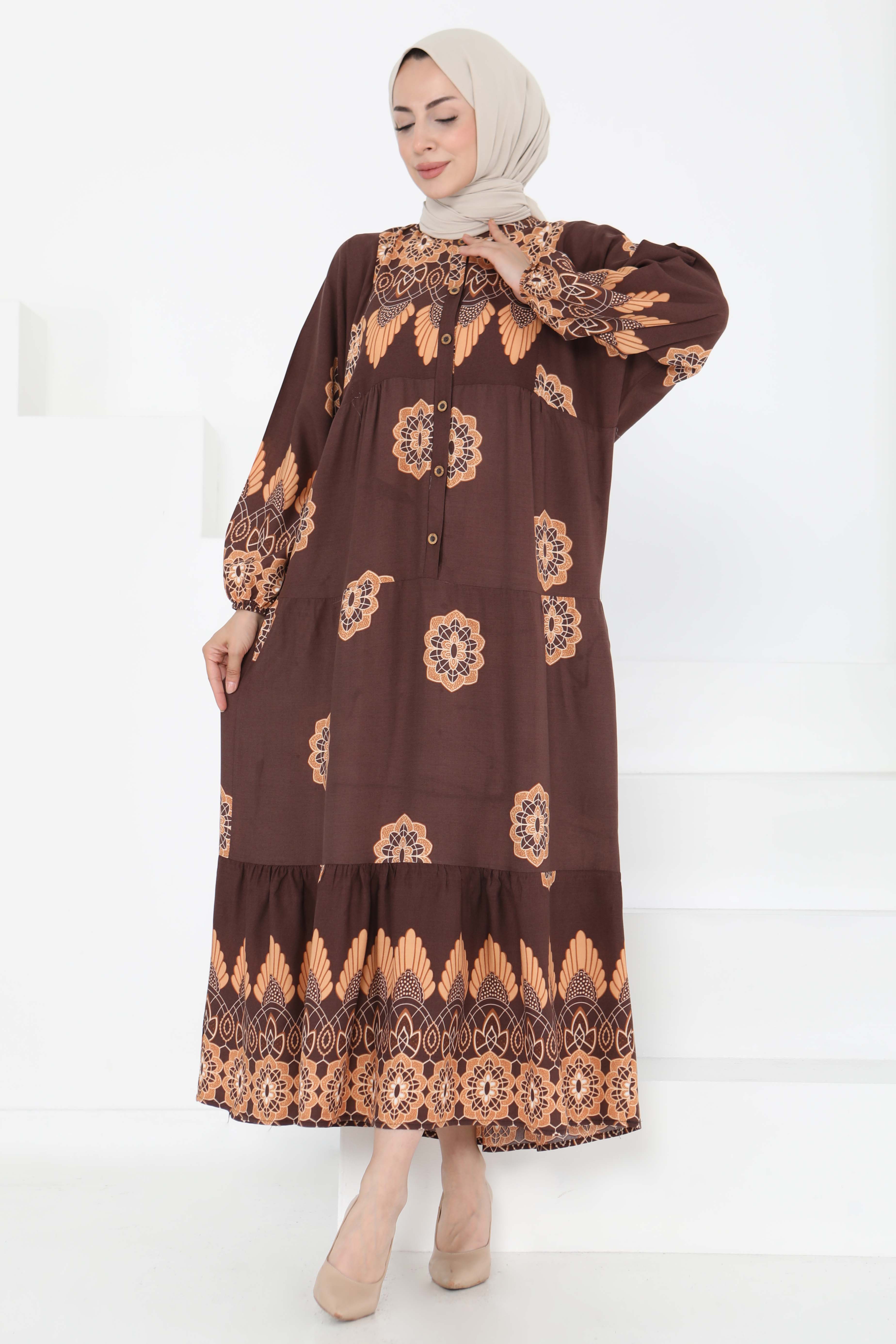 Desenli Düğmeli Elbise - 27262 - 5