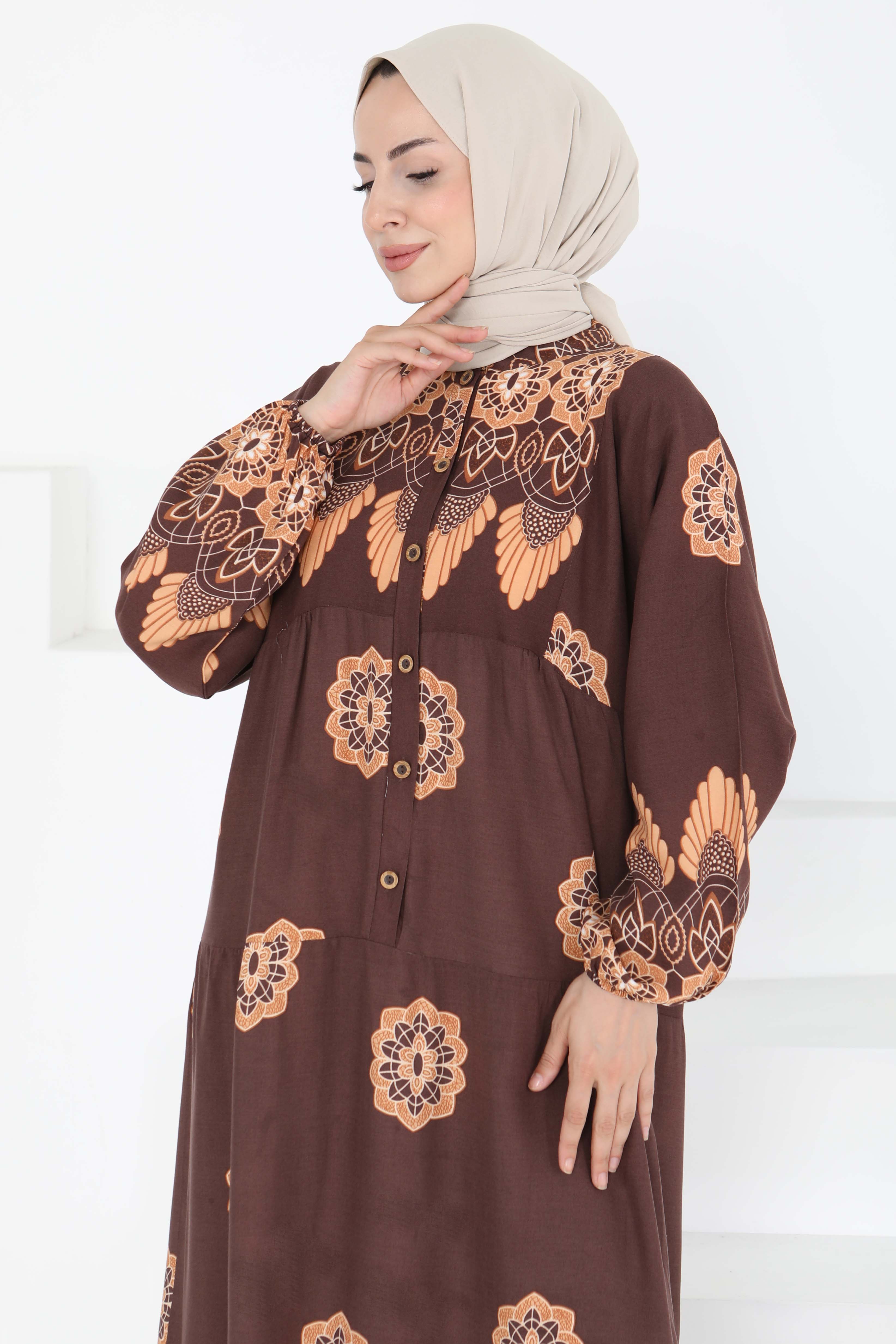 Desenli Düğmeli Elbise - 27262 - 6