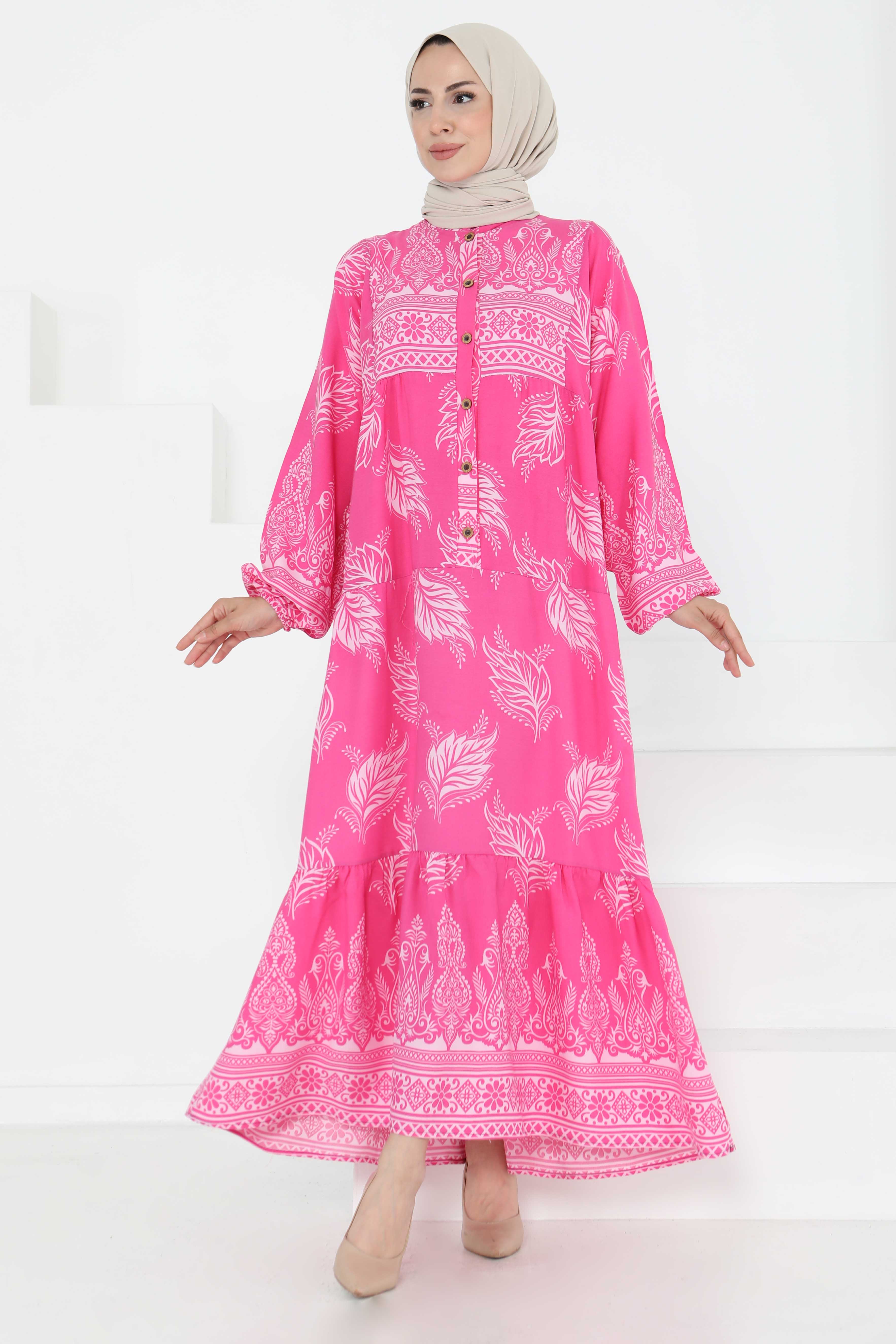 Desenli Düğmeli Elbise - 27263 - 1