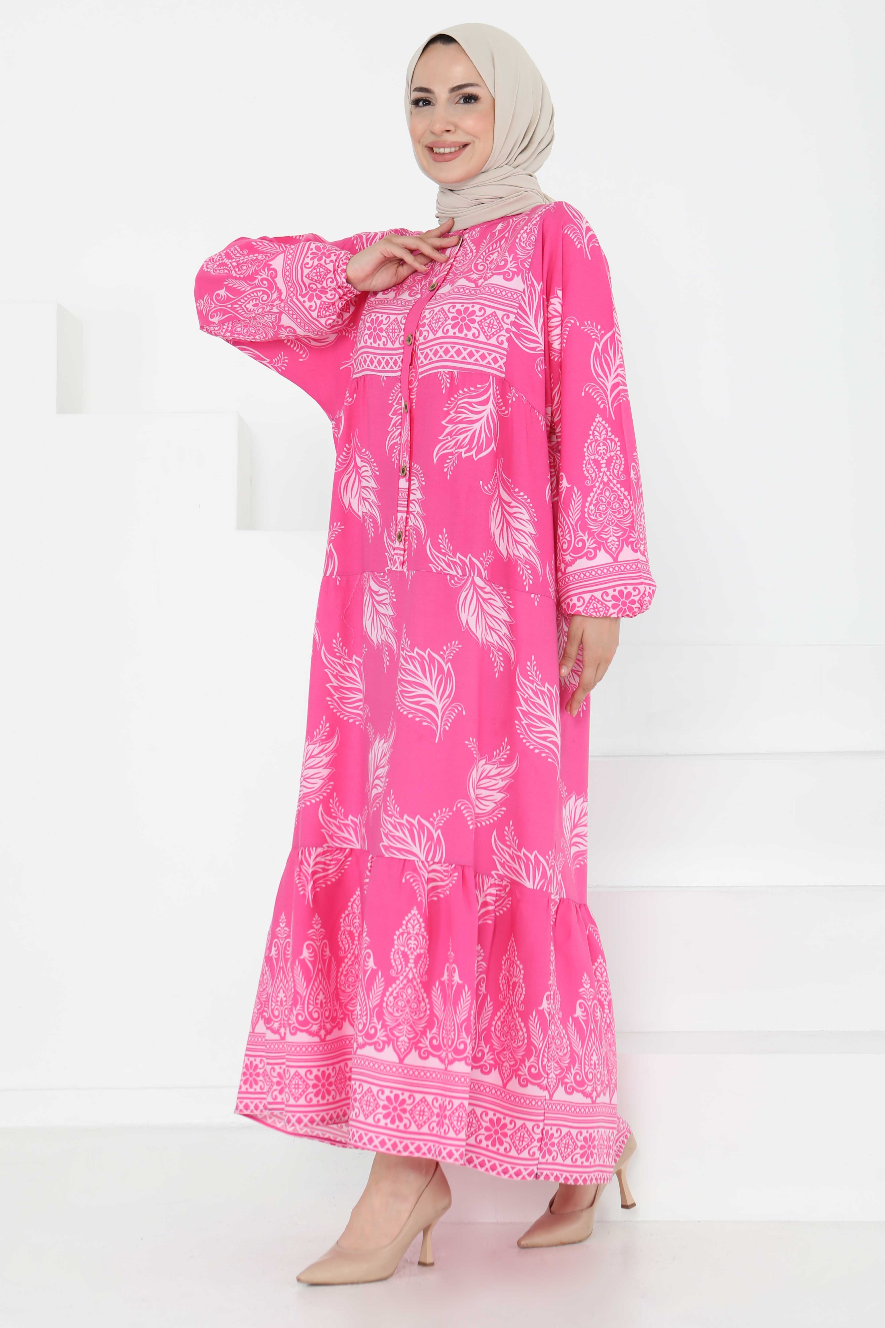 Desenli Düğmeli Elbise - 27263 - 4