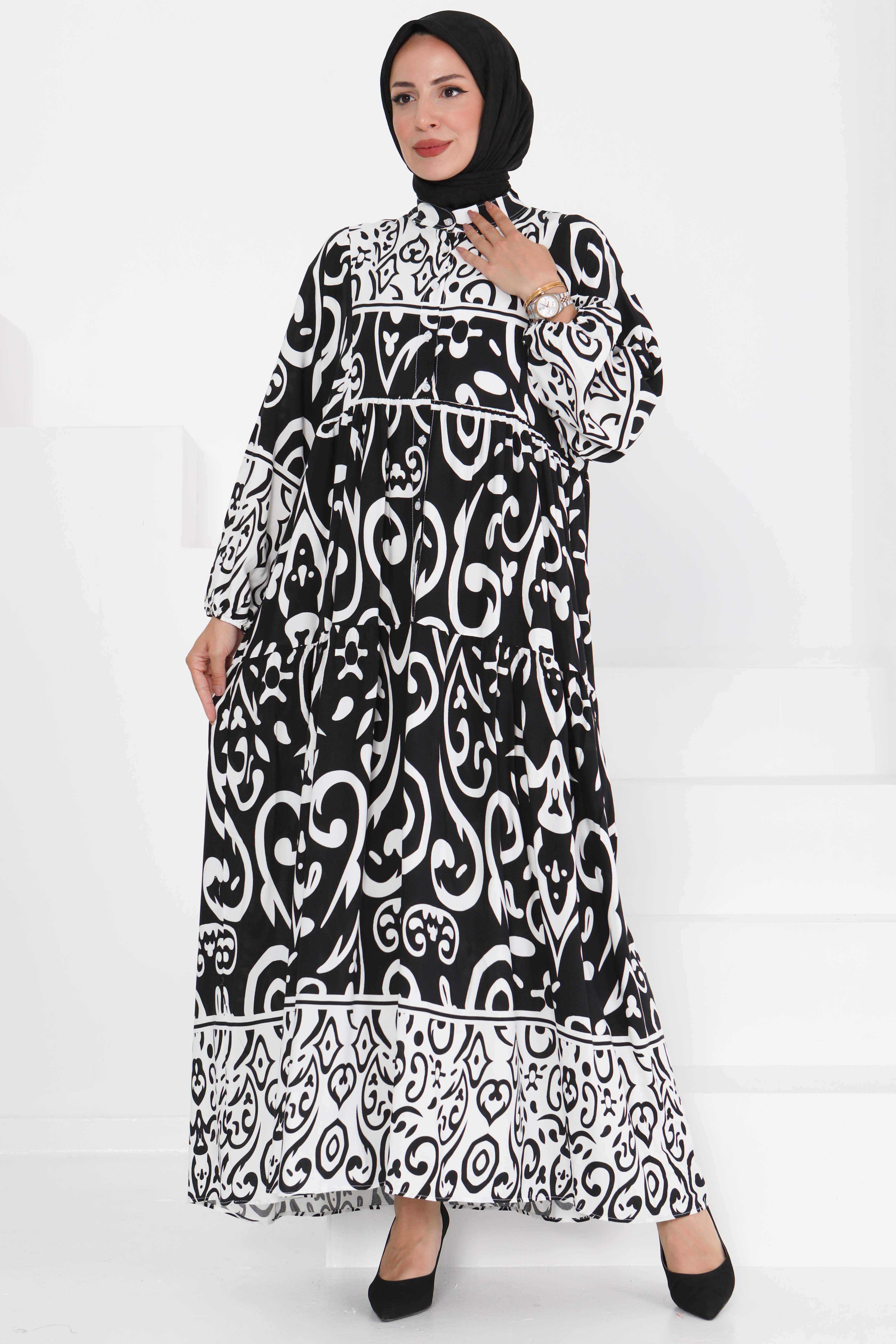 Desenli Düğmeli Elbise - 27428 - 1