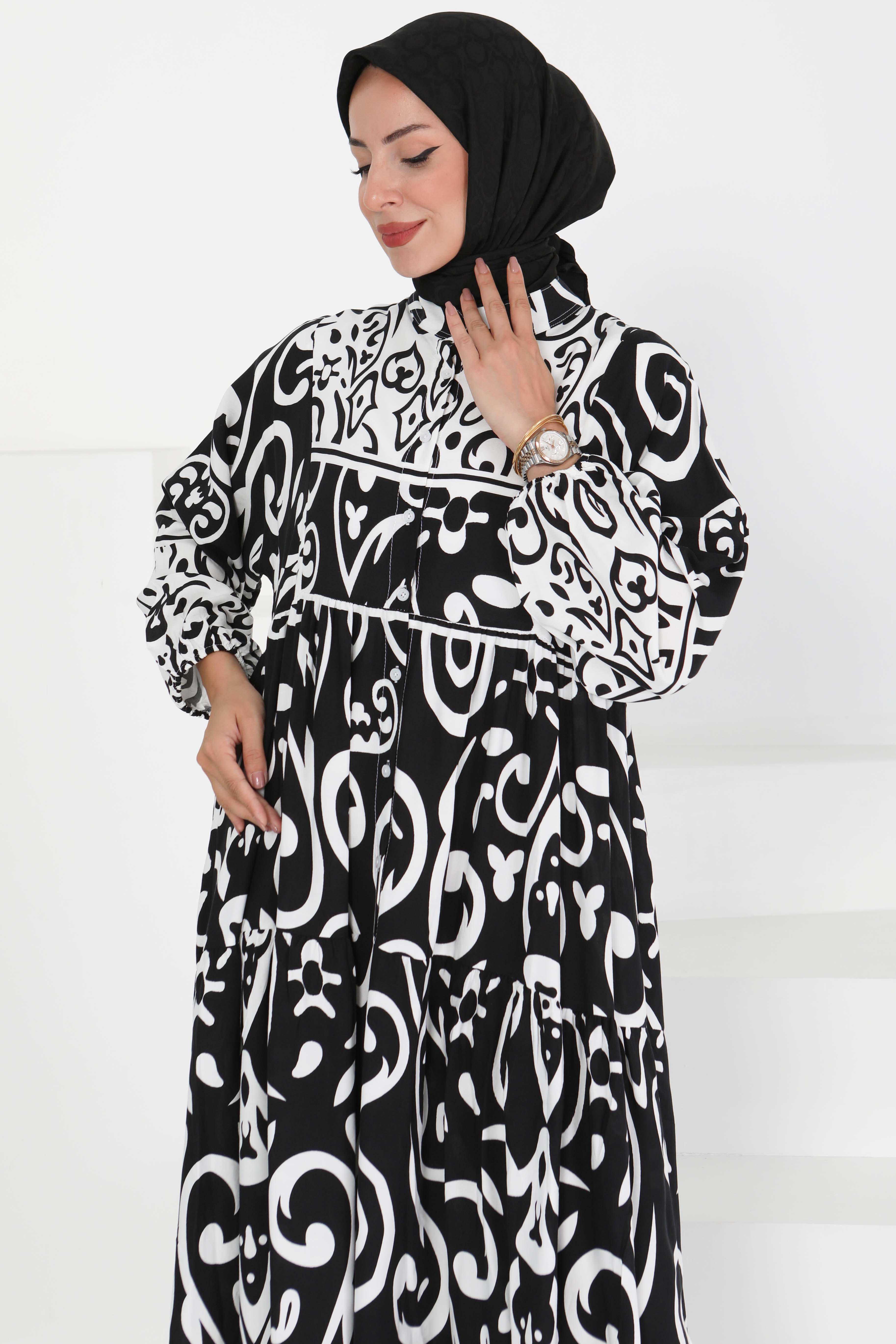 Desenli Düğmeli Elbise - 27428 - 2