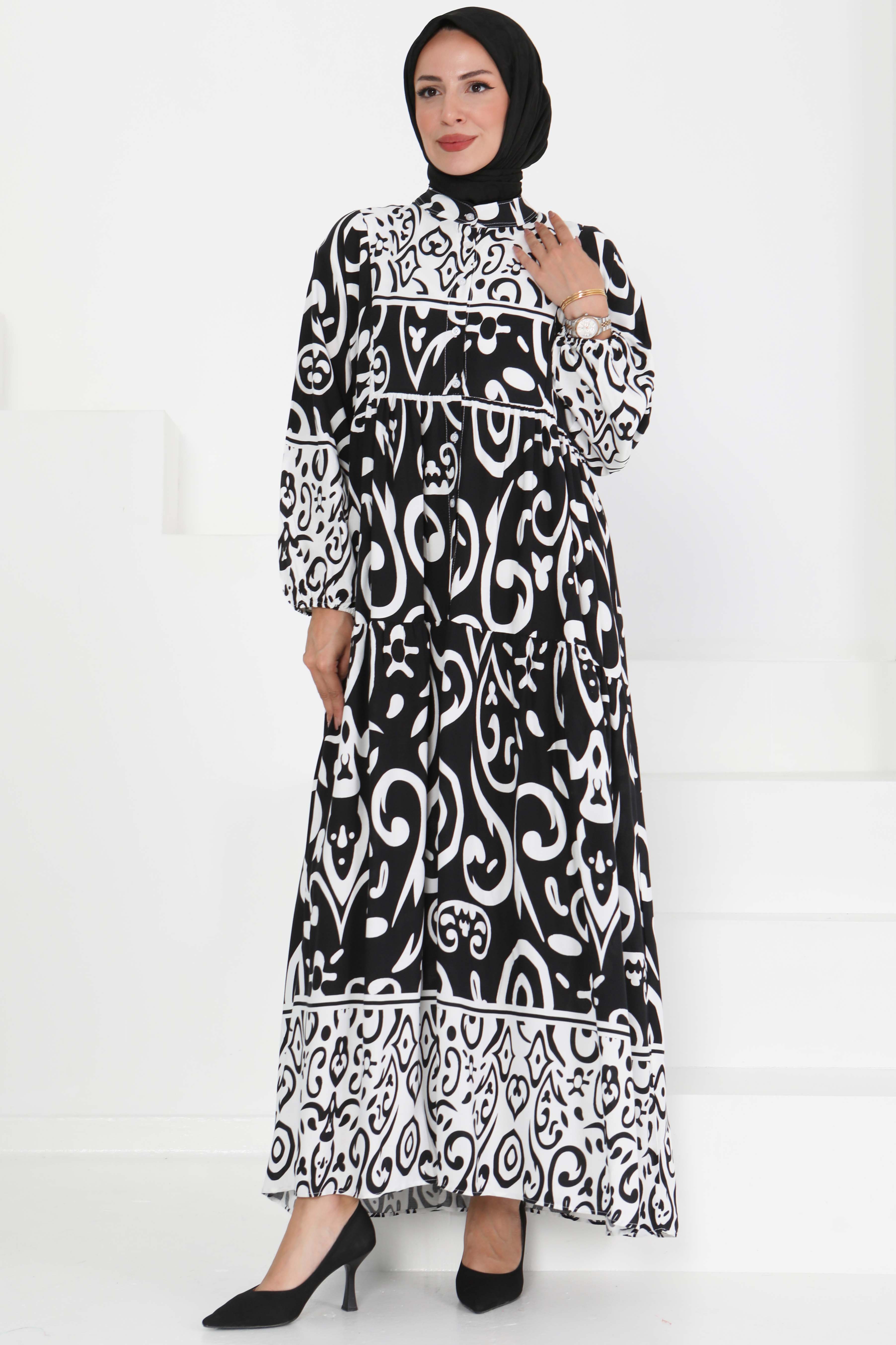 Desenli Düğmeli Elbise - 27428 - 3