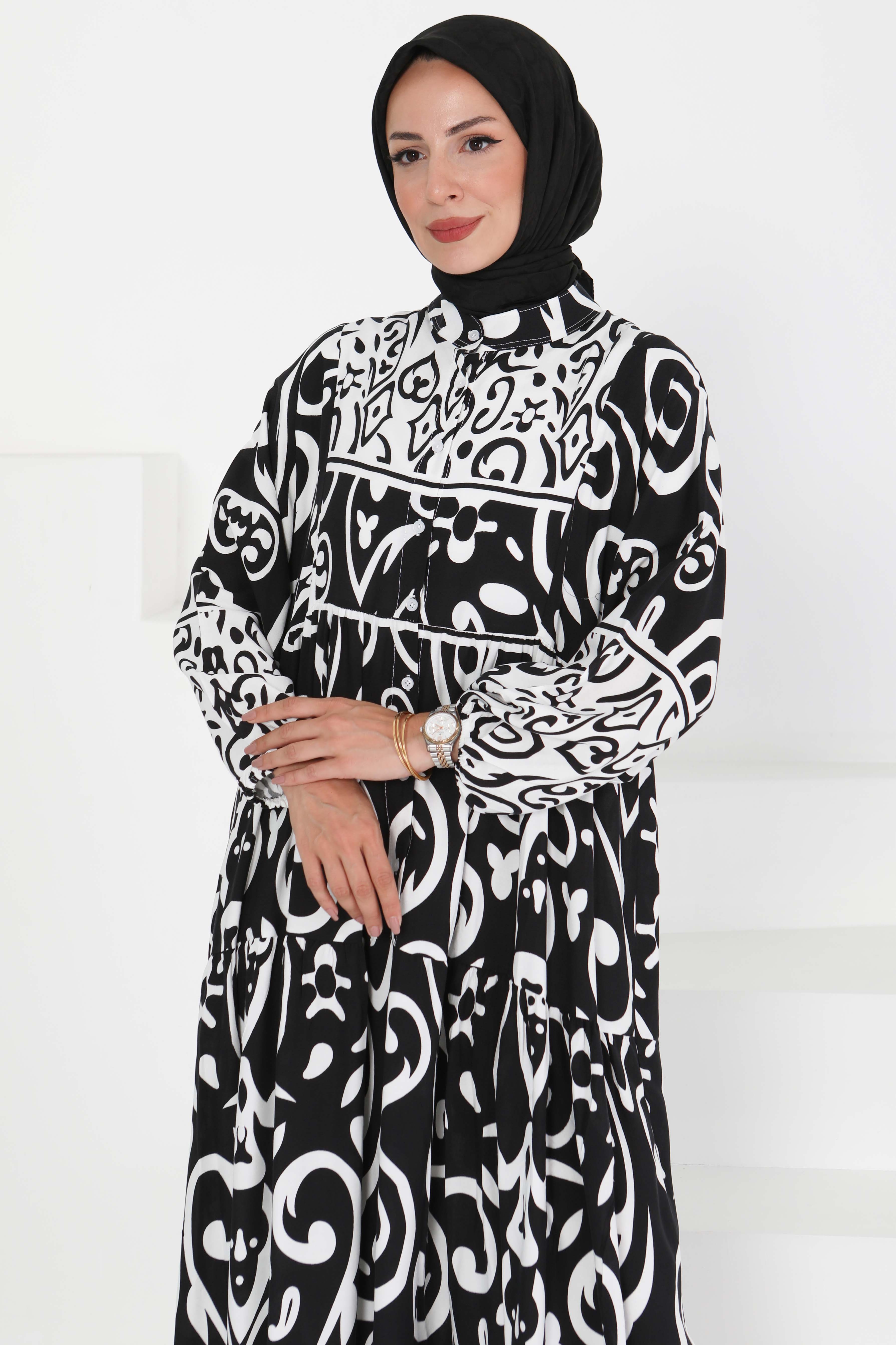 Desenli Düğmeli Elbise - 27428 - 4