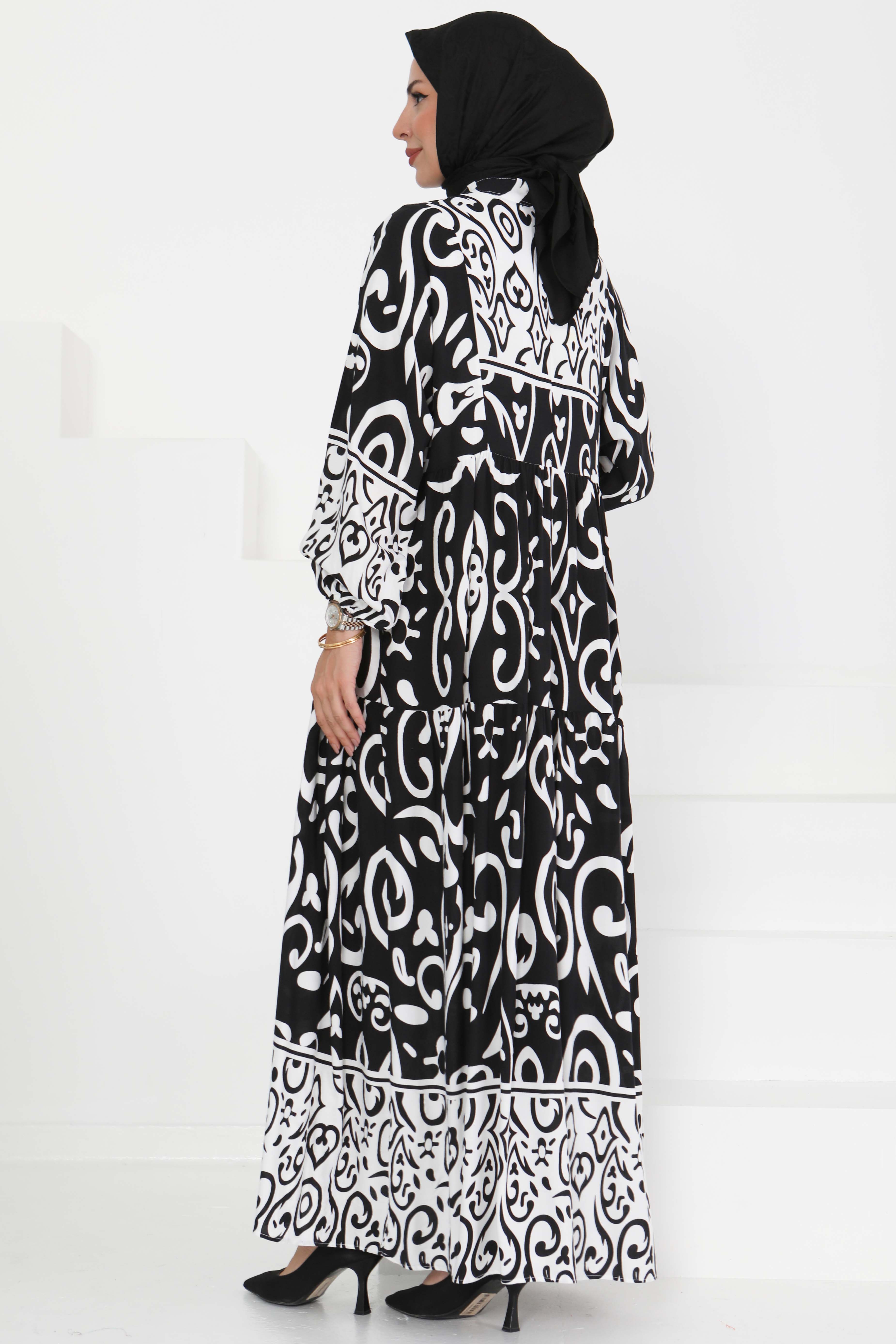 Desenli Düğmeli Elbise - 27428 - 5