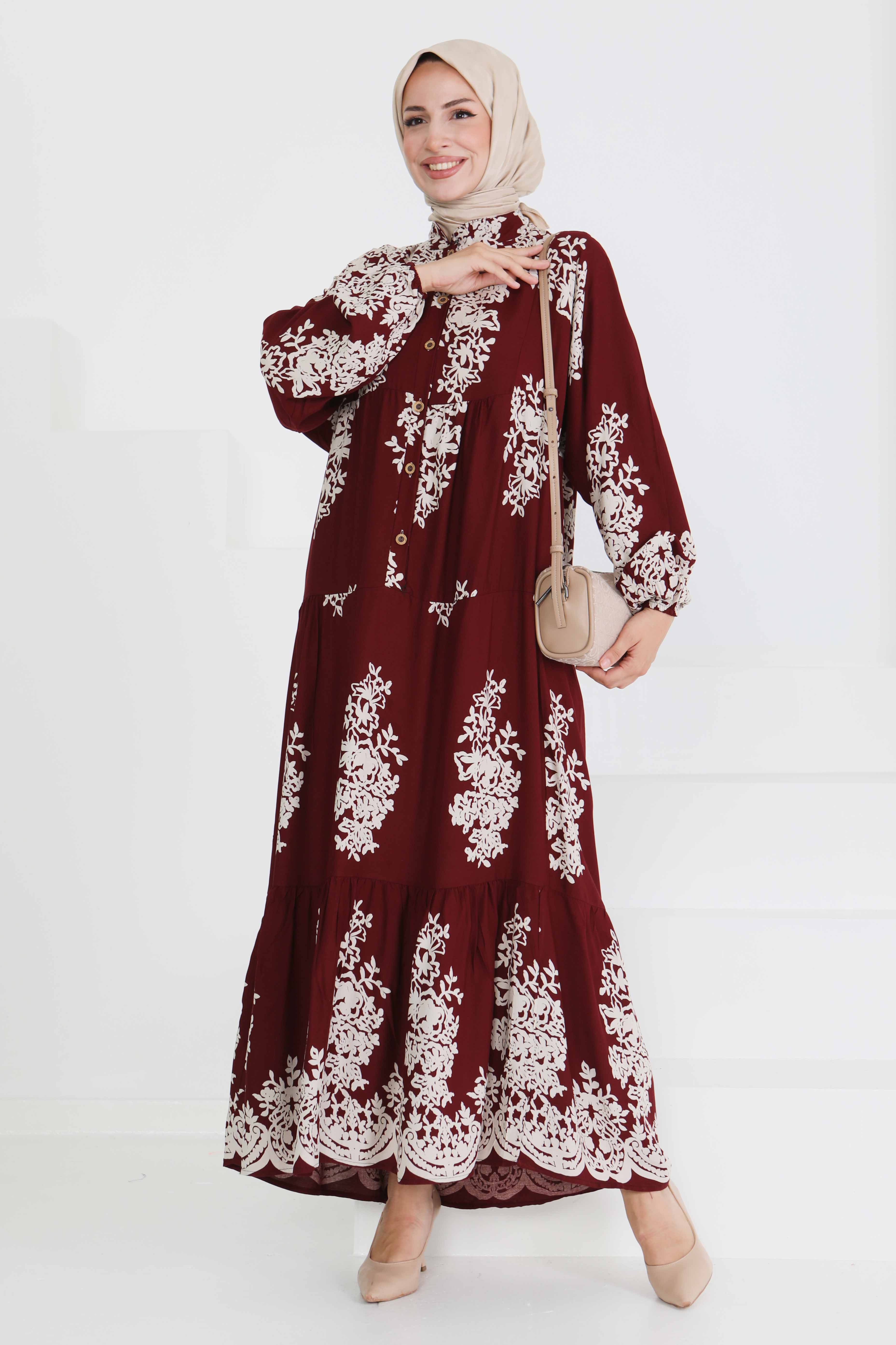 Desenli Düğmeli Elbise - 27470 - 1