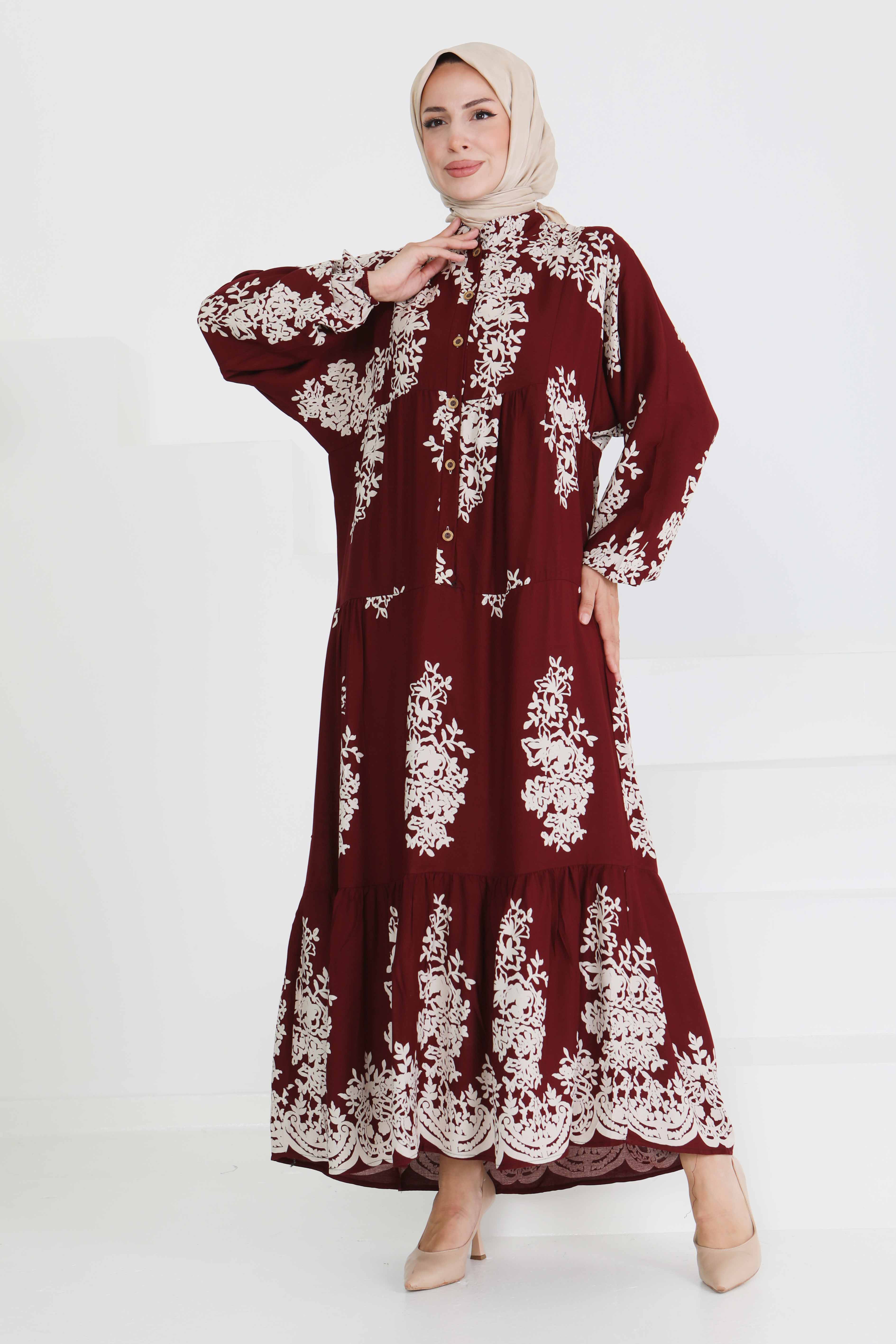 Desenli Düğmeli Elbise - 27470 - 3