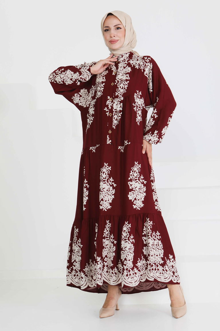 Desenli Düğmeli Elbise - 27470 - TOFİSA