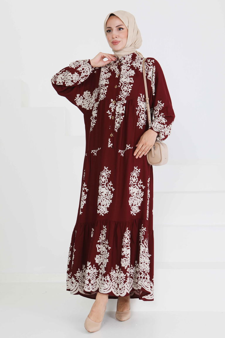 Desenli Düğmeli Elbise - 27470 - TOFİSA