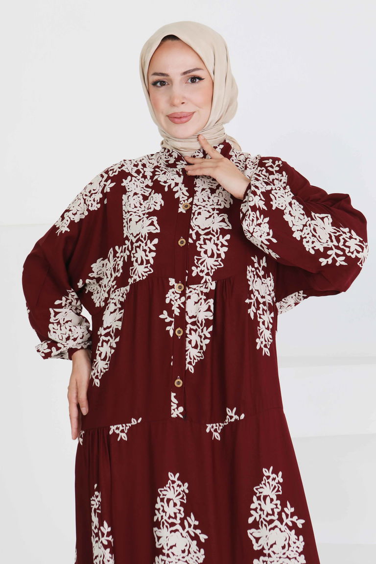 Desenli Düğmeli Elbise - 27470 - TOFİSA