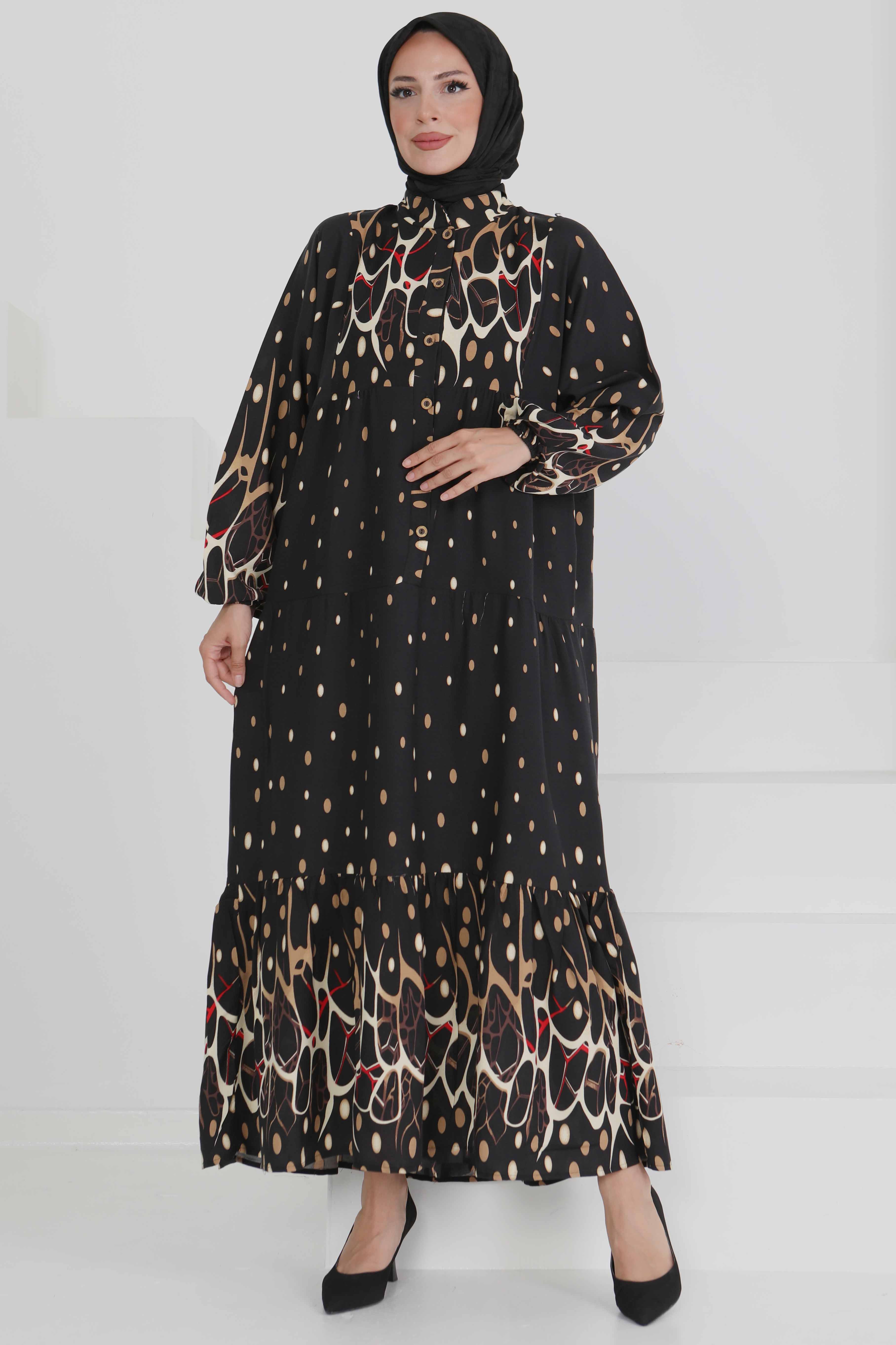 Desenli Düğmeli Elbise - 27493 - 1