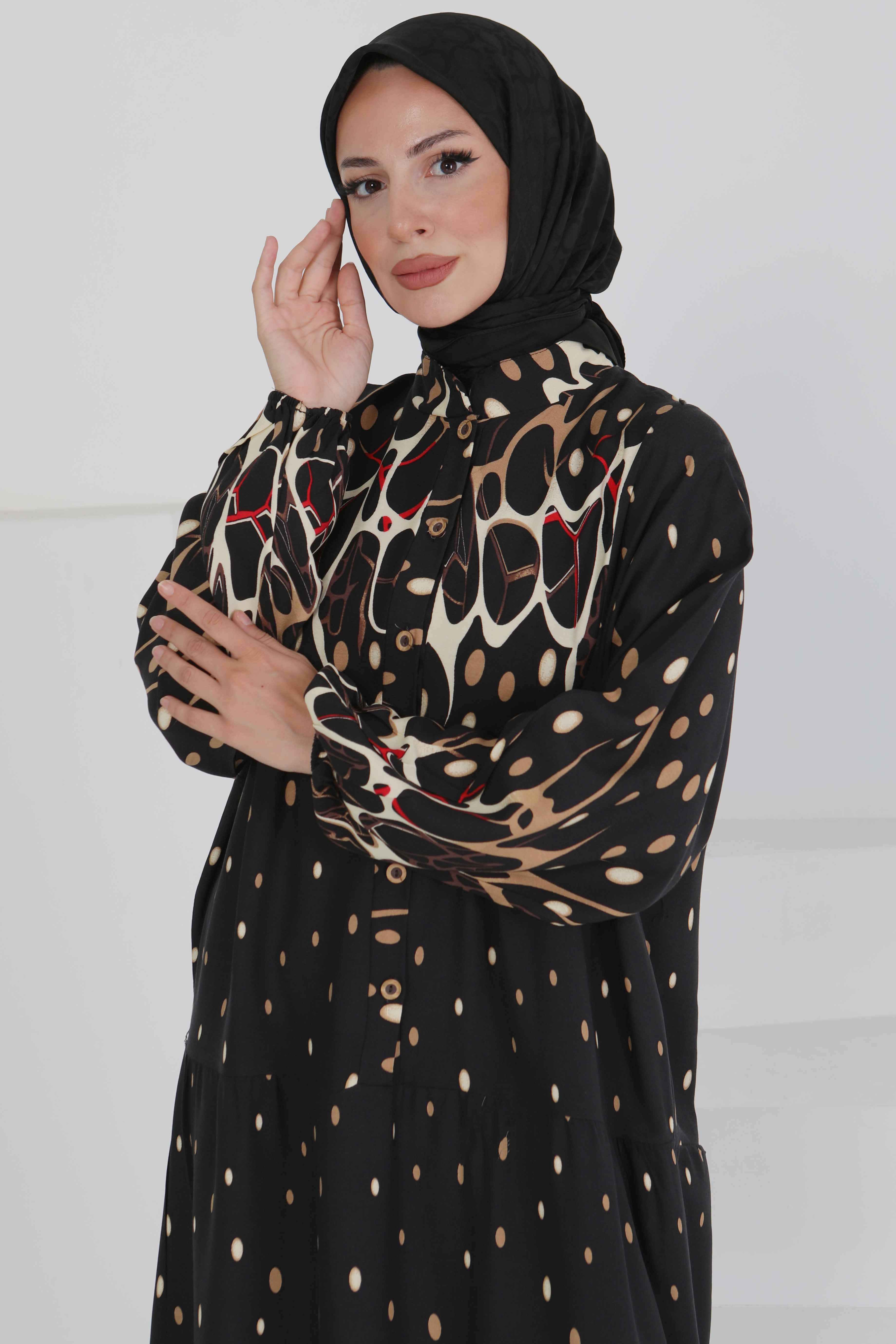 Desenli Düğmeli Elbise - 27493 - 2