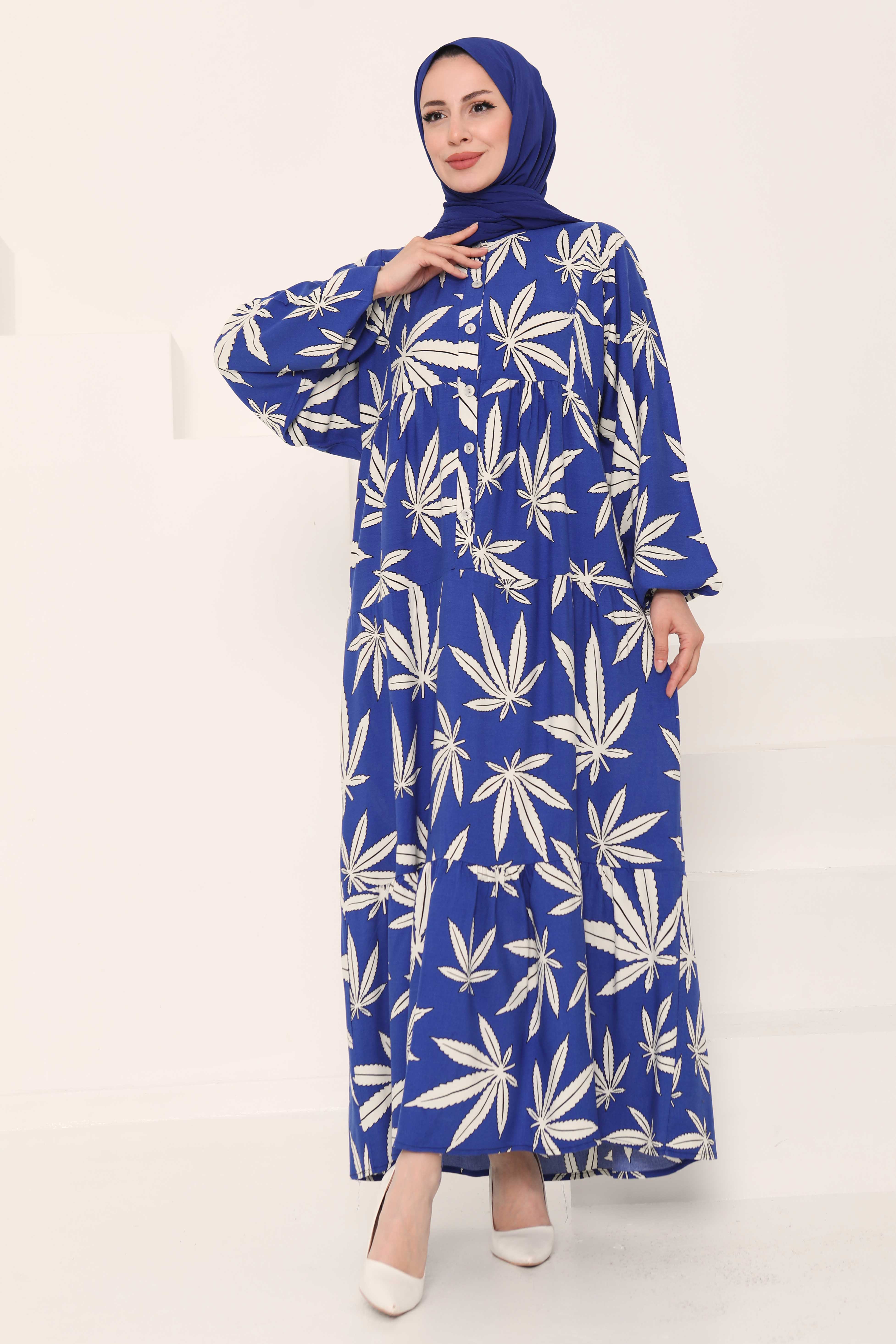 Desenli Düğmeli Elbise Saks - 27038 - 7