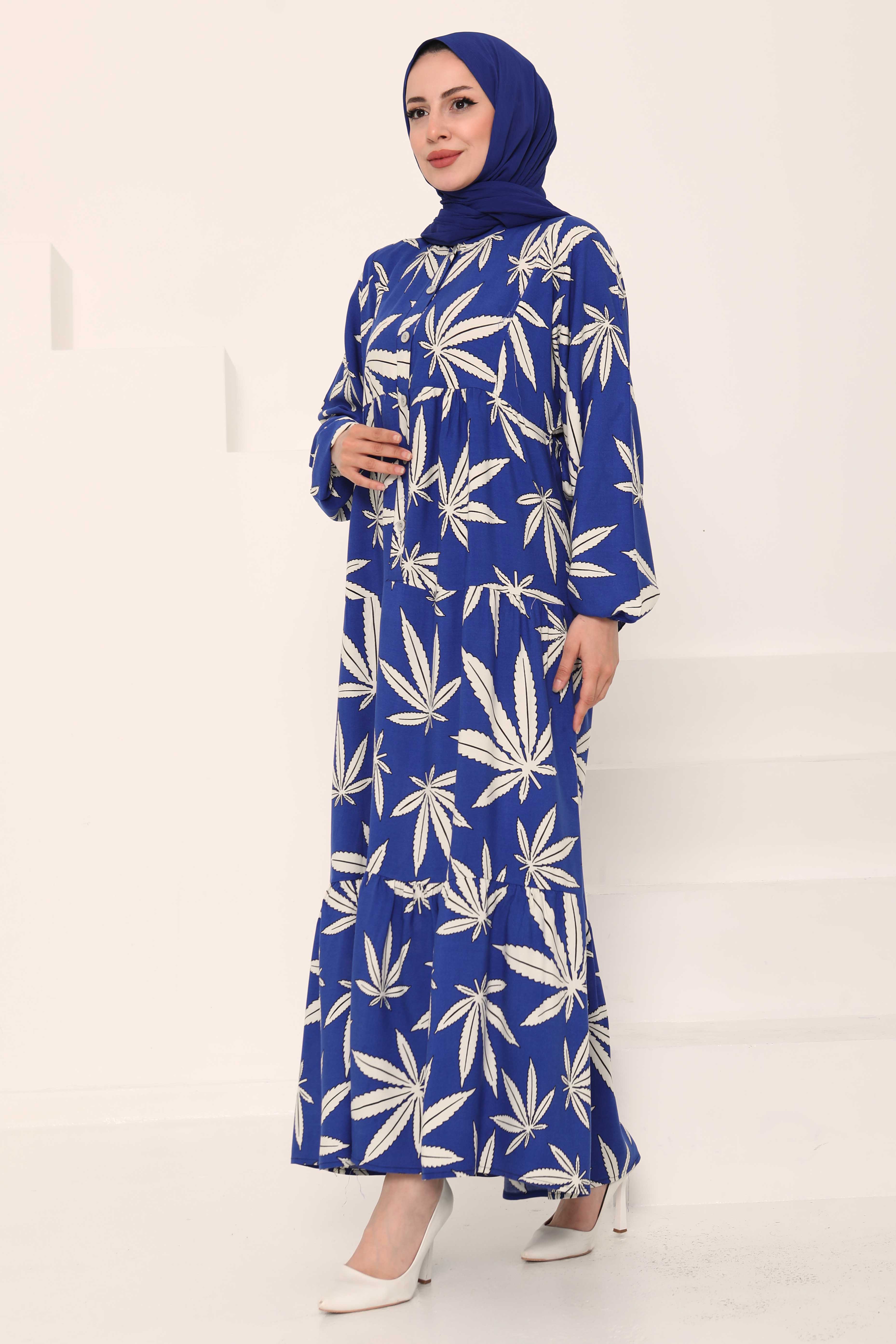 Desenli Düğmeli Elbise Saks - 27038 - 11
