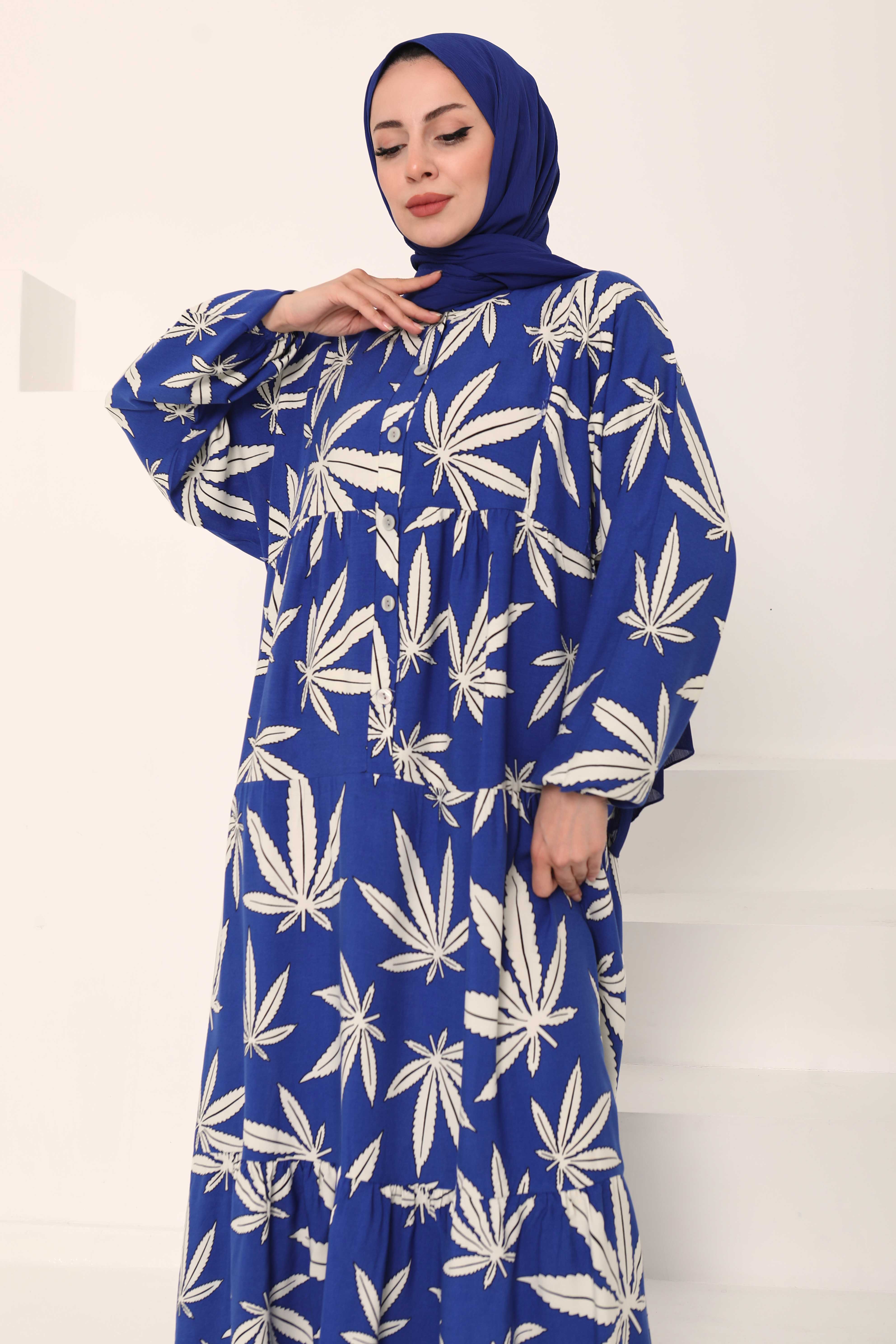 Desenli Düğmeli Elbise Saks - 27038 - 2