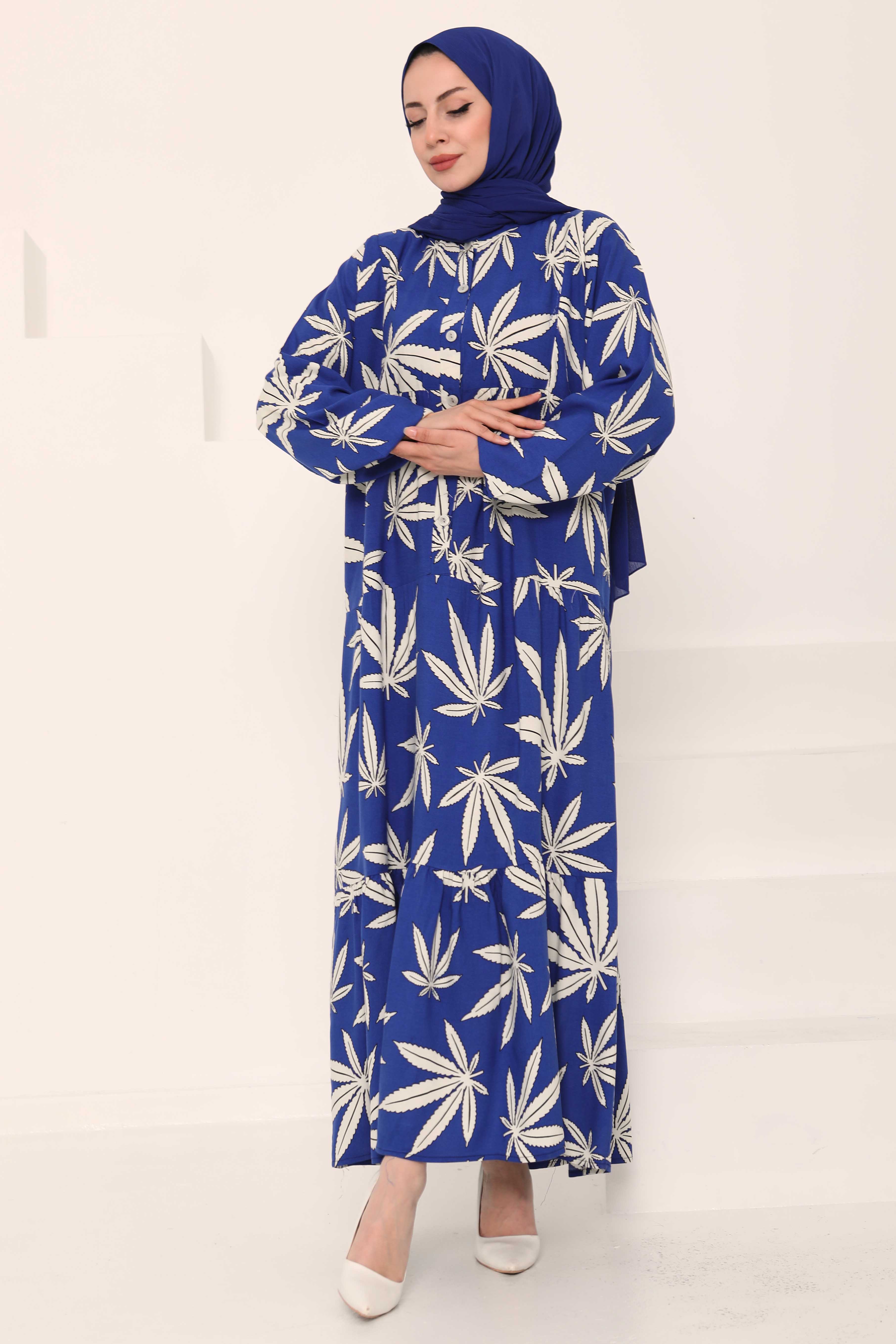 Desenli Düğmeli Elbise Saks - 27038 - 3