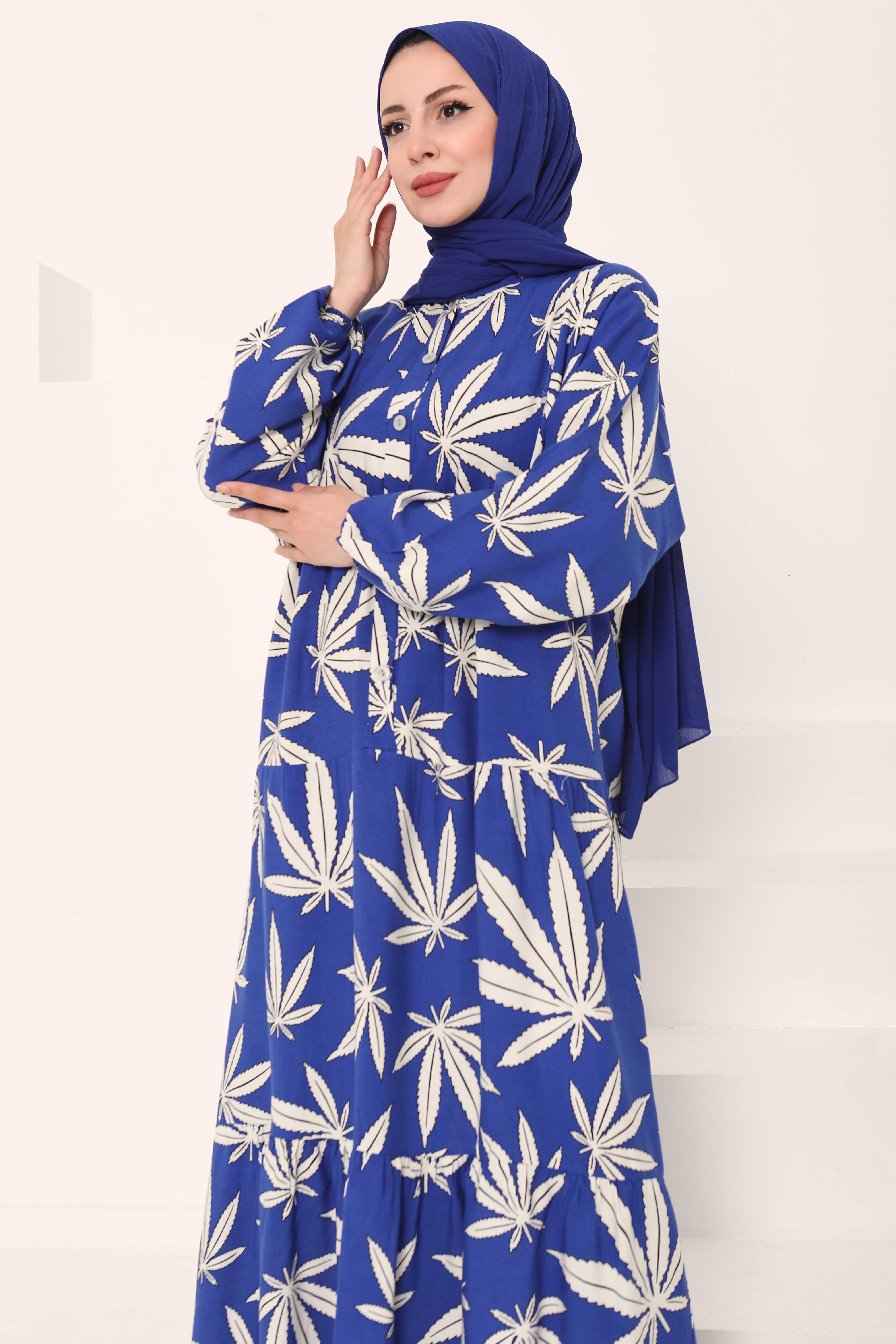Desenli Düğmeli Elbise Saks - 27038 - 4