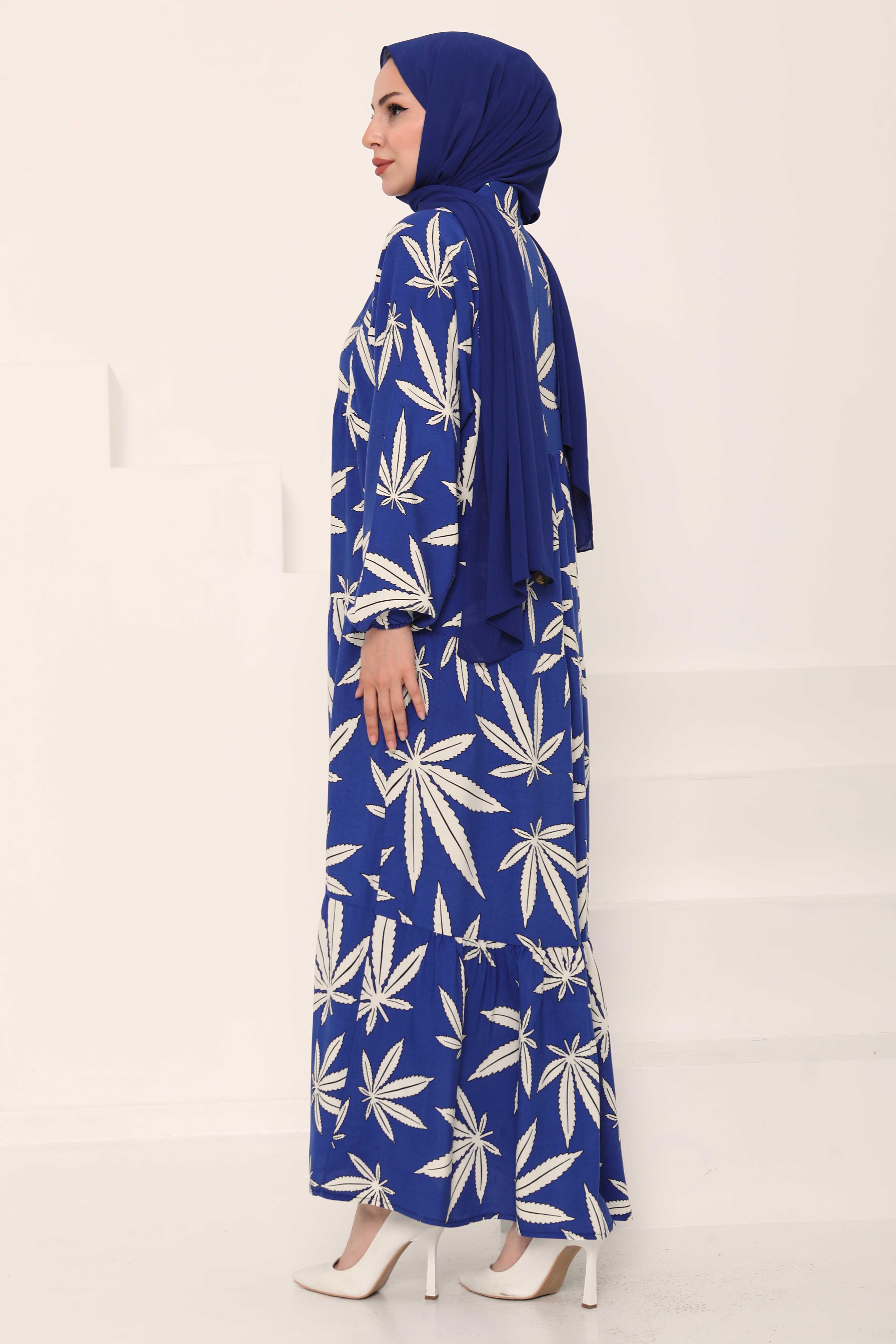 Desenli Düğmeli Elbise Saks - 27038 - 6